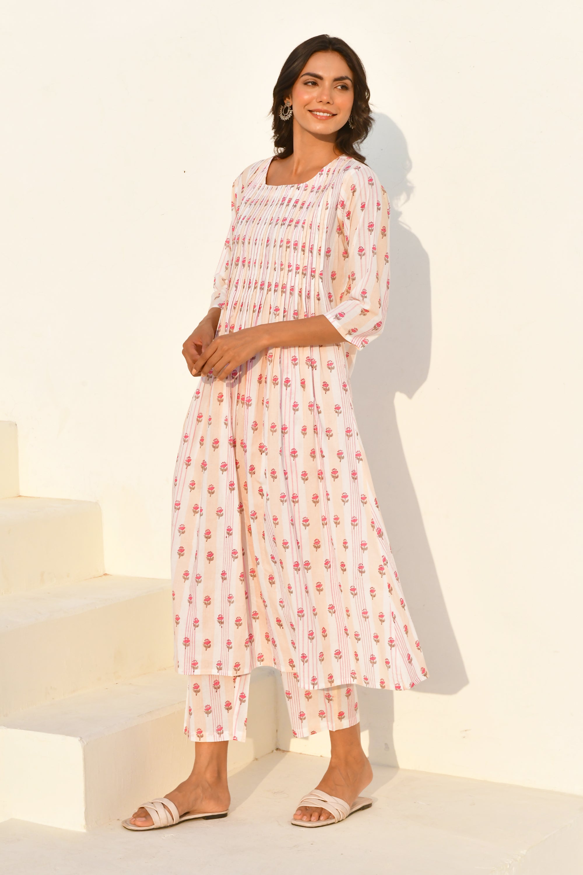 Peach Hand Block Printed Kurta Set with Pant- Set Of 2