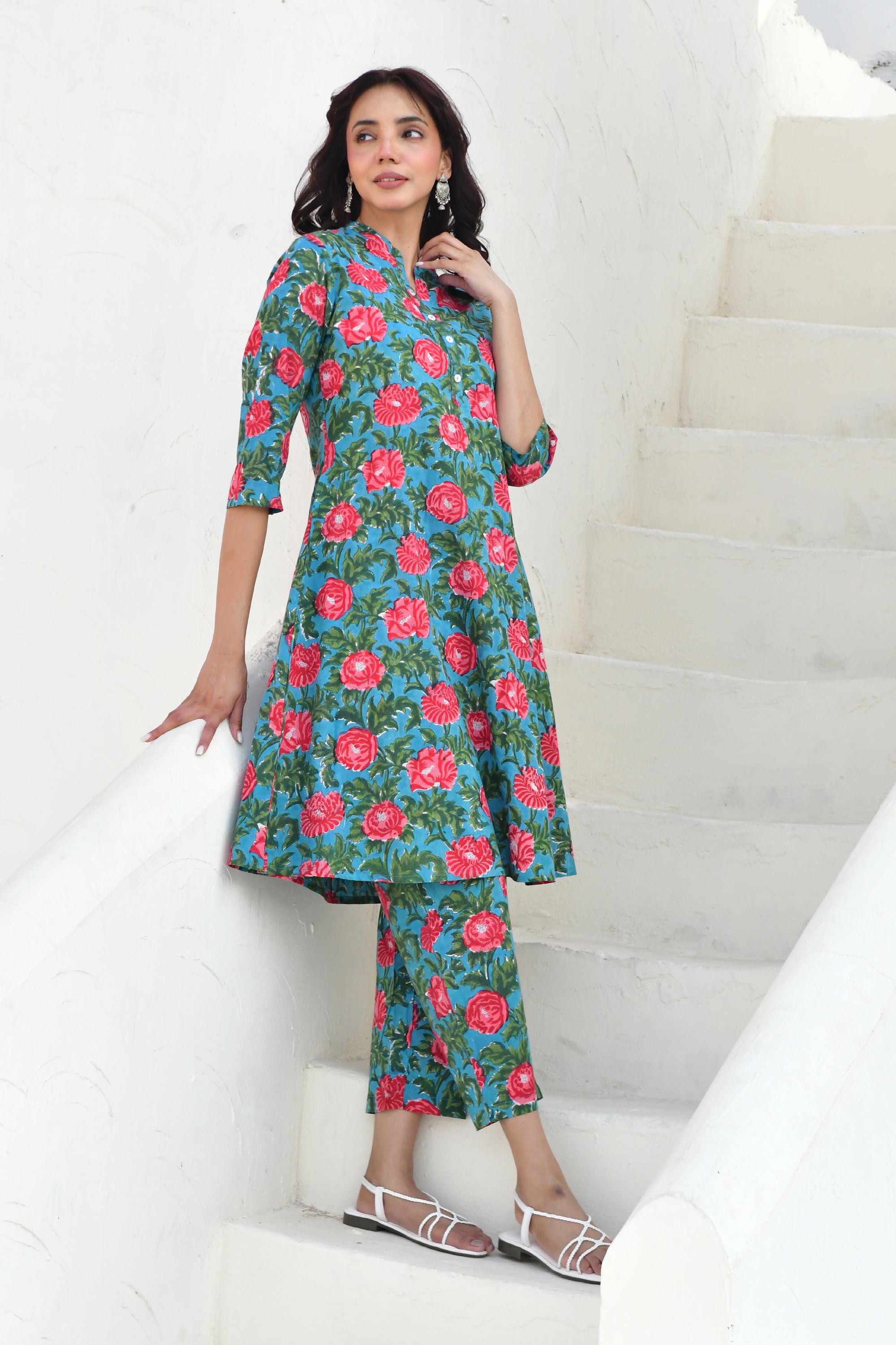 Red & Green Hand Block Printed Kurta Pant Set- Set Of 2