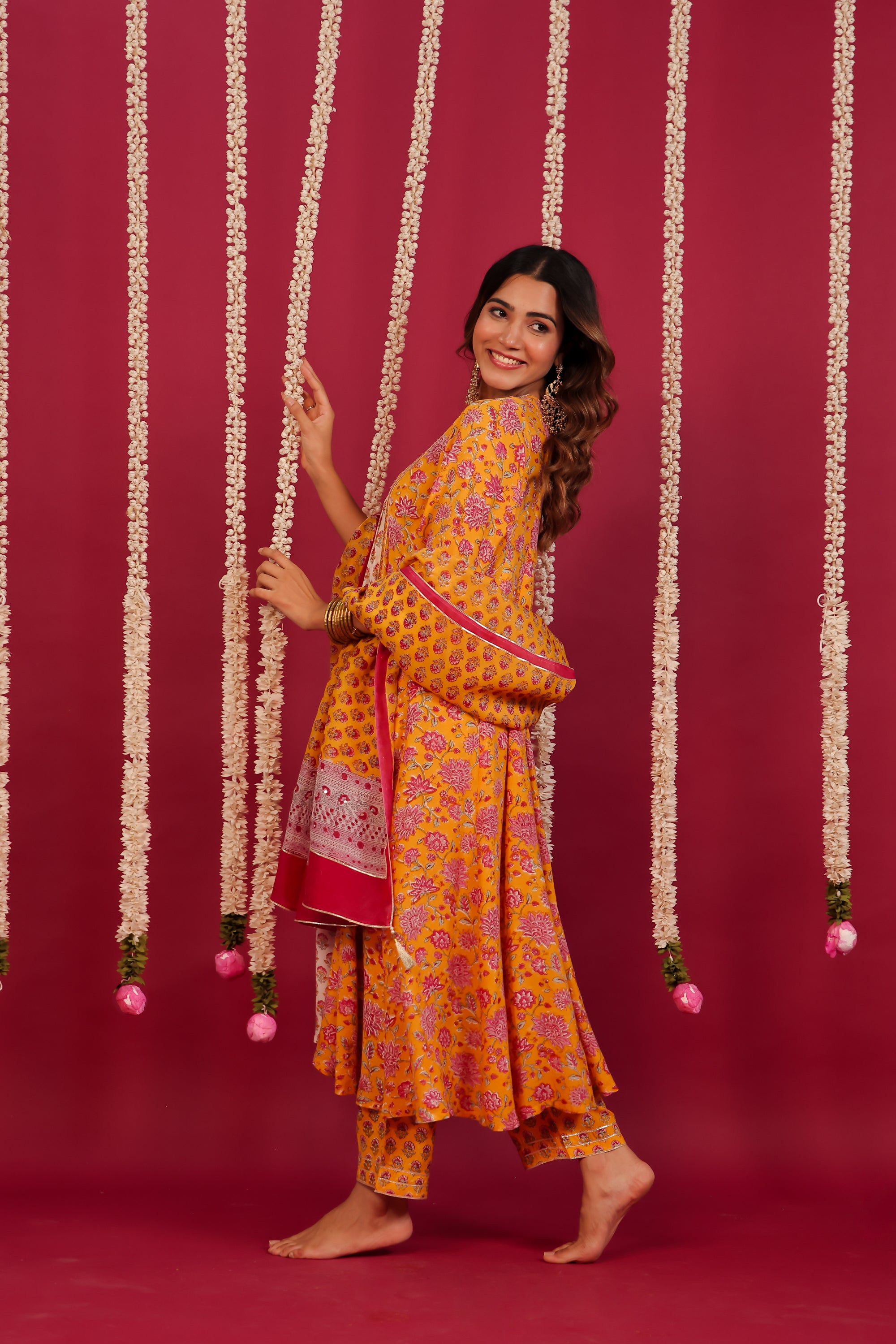 Yellow Hand- Block Embroidered Muslin Suit Set