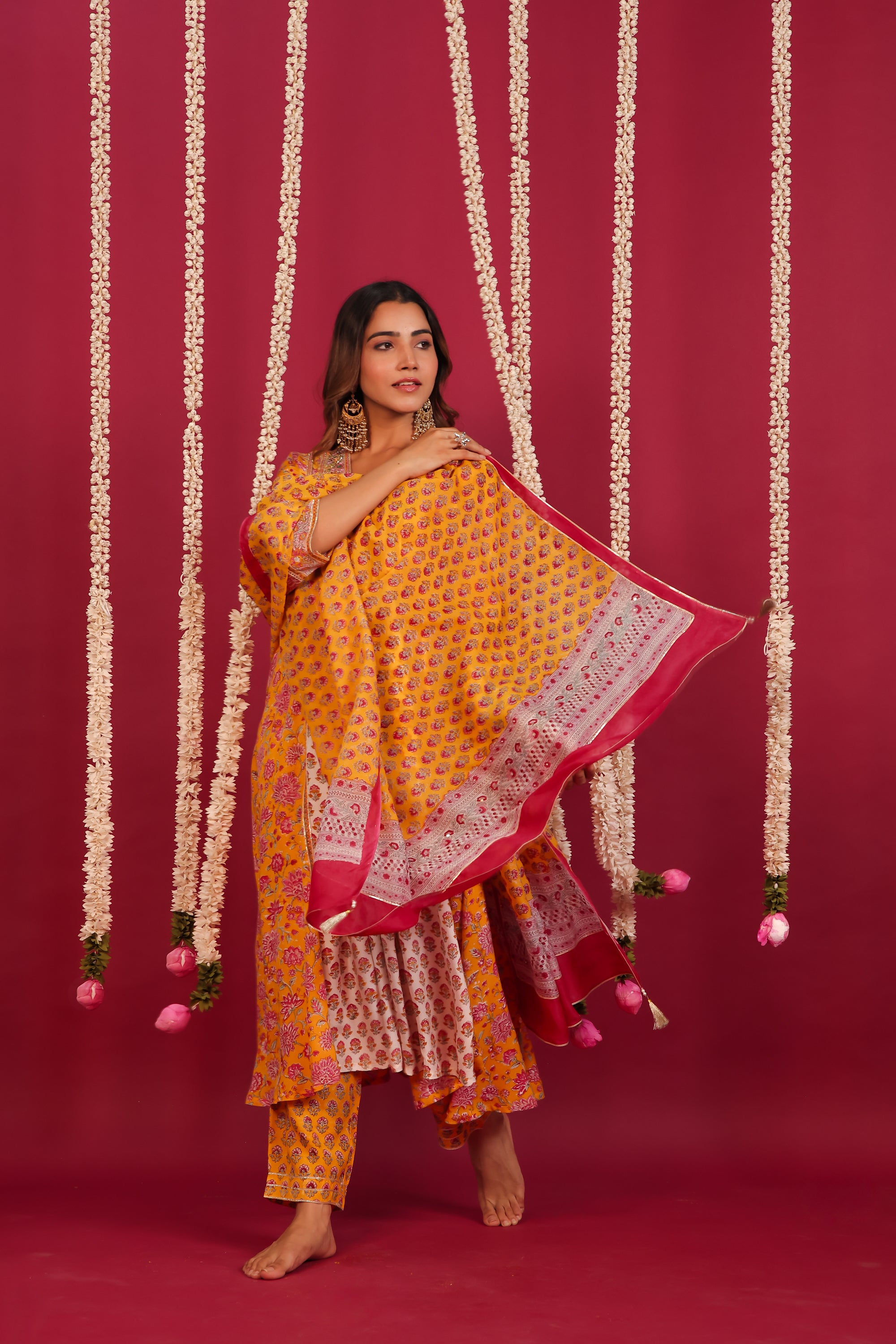Yellow Hand- Block Embroidered Muslin Suit Set