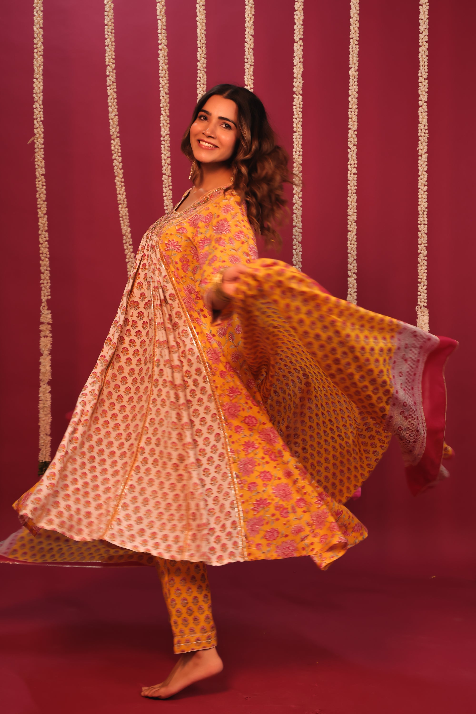Yellow Hand- Block Embroidered Muslin Suit Set