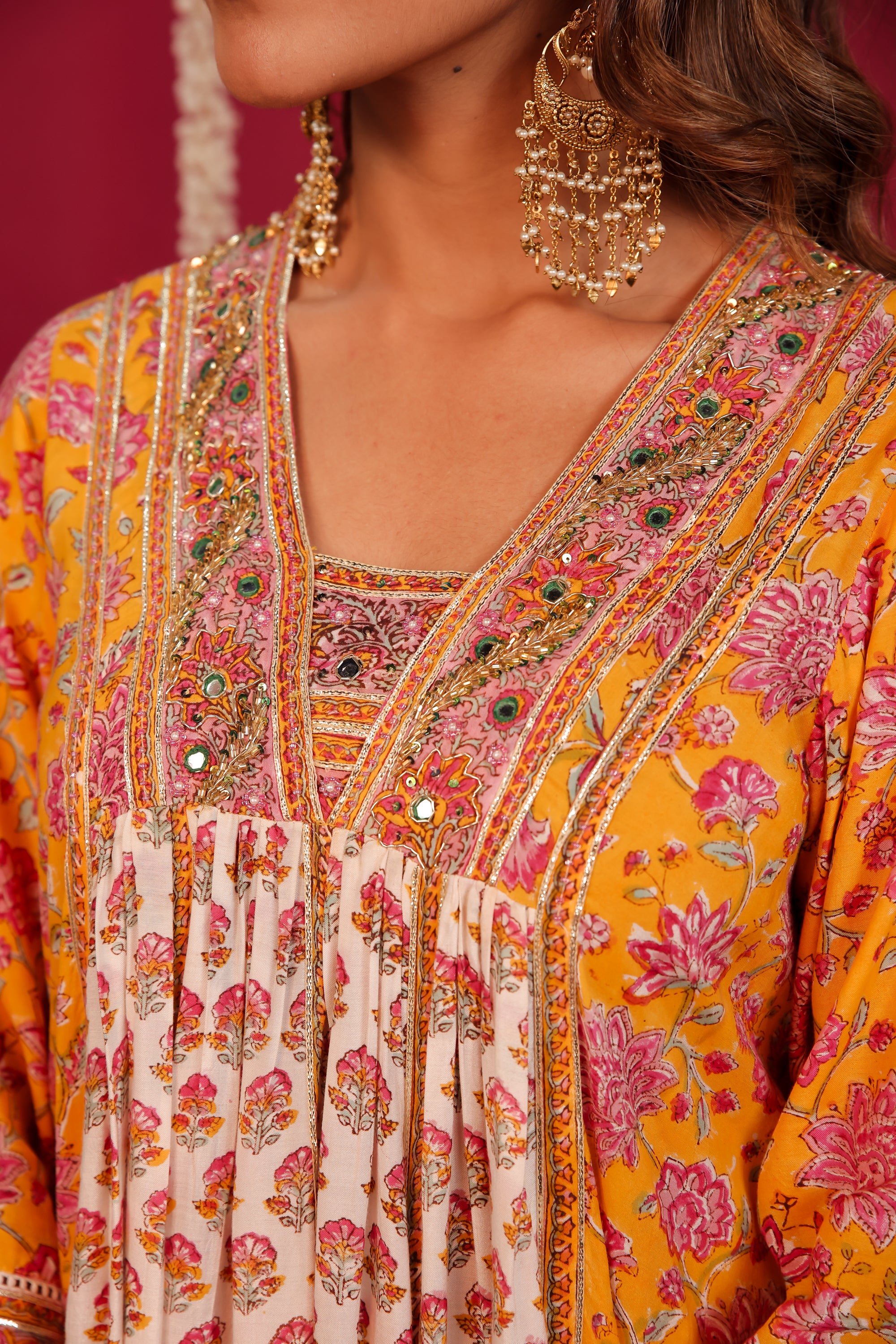 Yellow Hand- Block Embroidered Muslin Suit Set