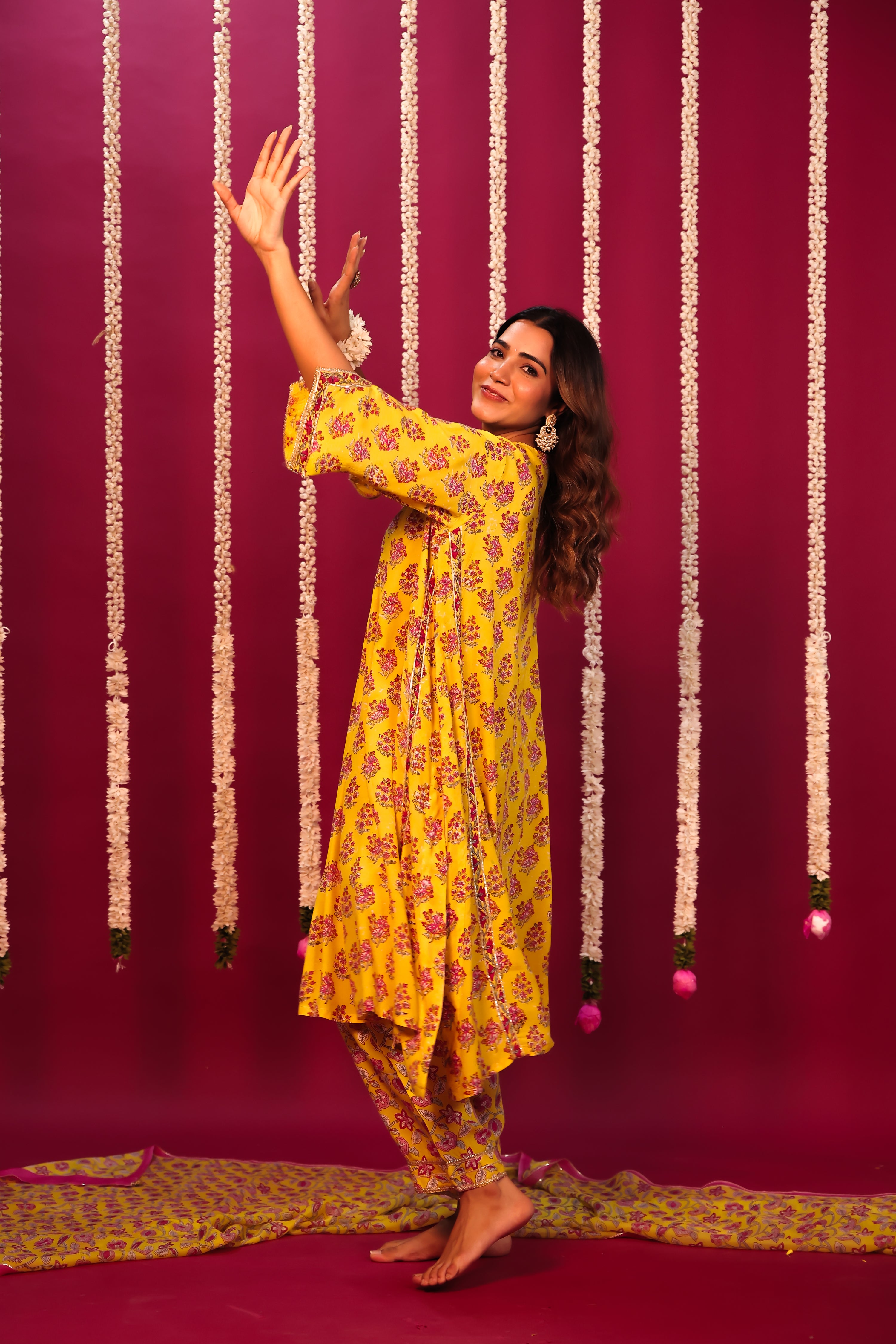 Haldi Yellow Hand-Block Embroidered Maslin Suit Set