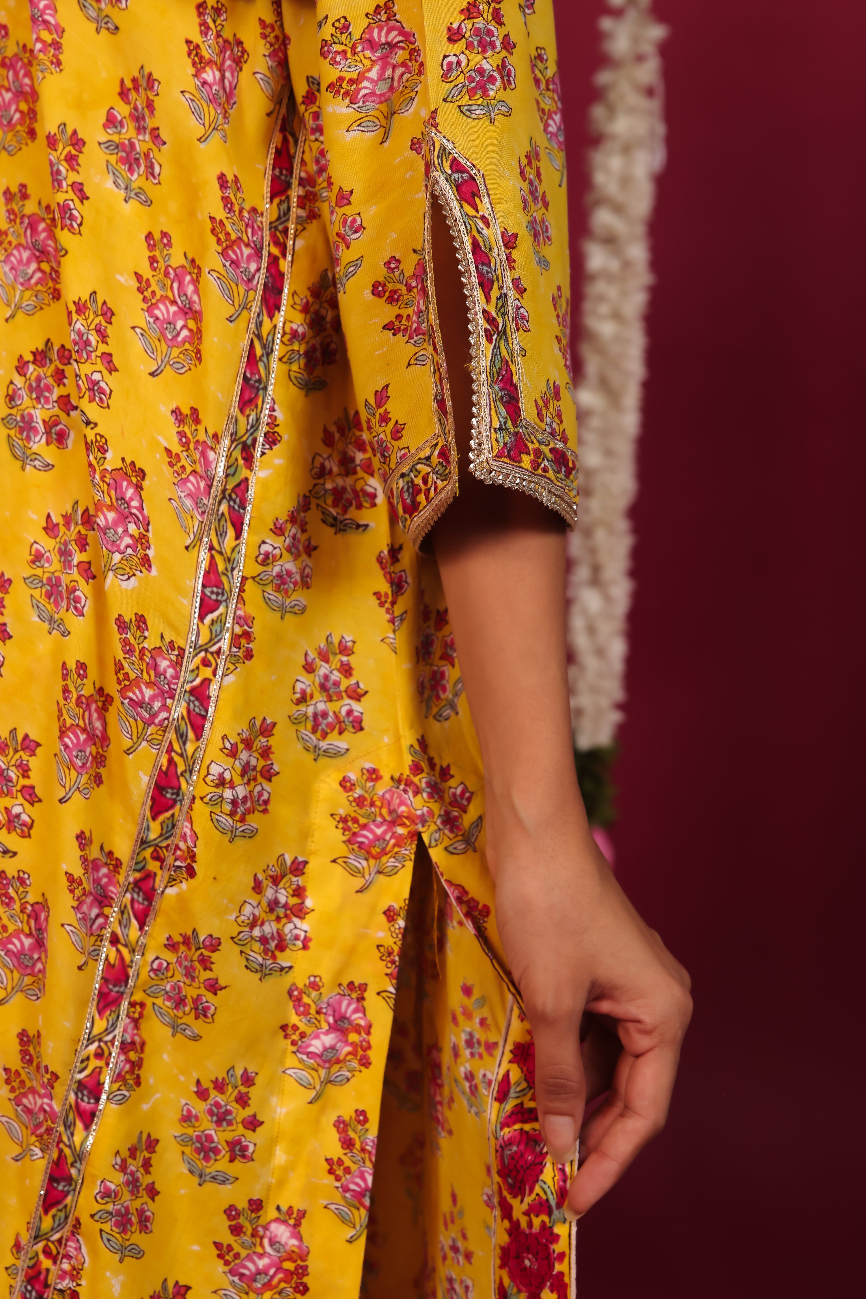 Haldi Yellow Hand-Block Embroidered Maslin Suit Set