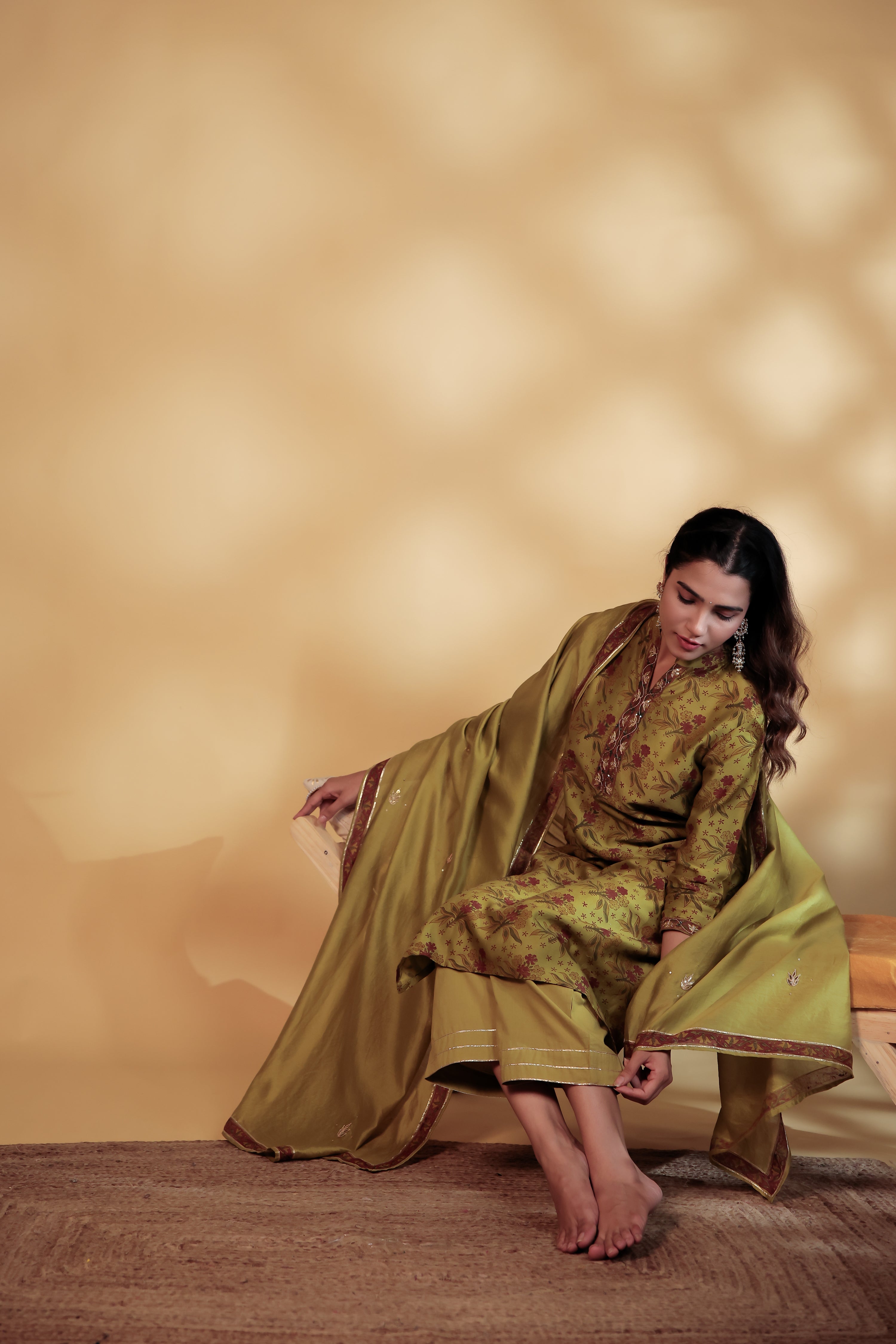 Mahendi Green Chanderi Hand-Block Embroidered Suit Set