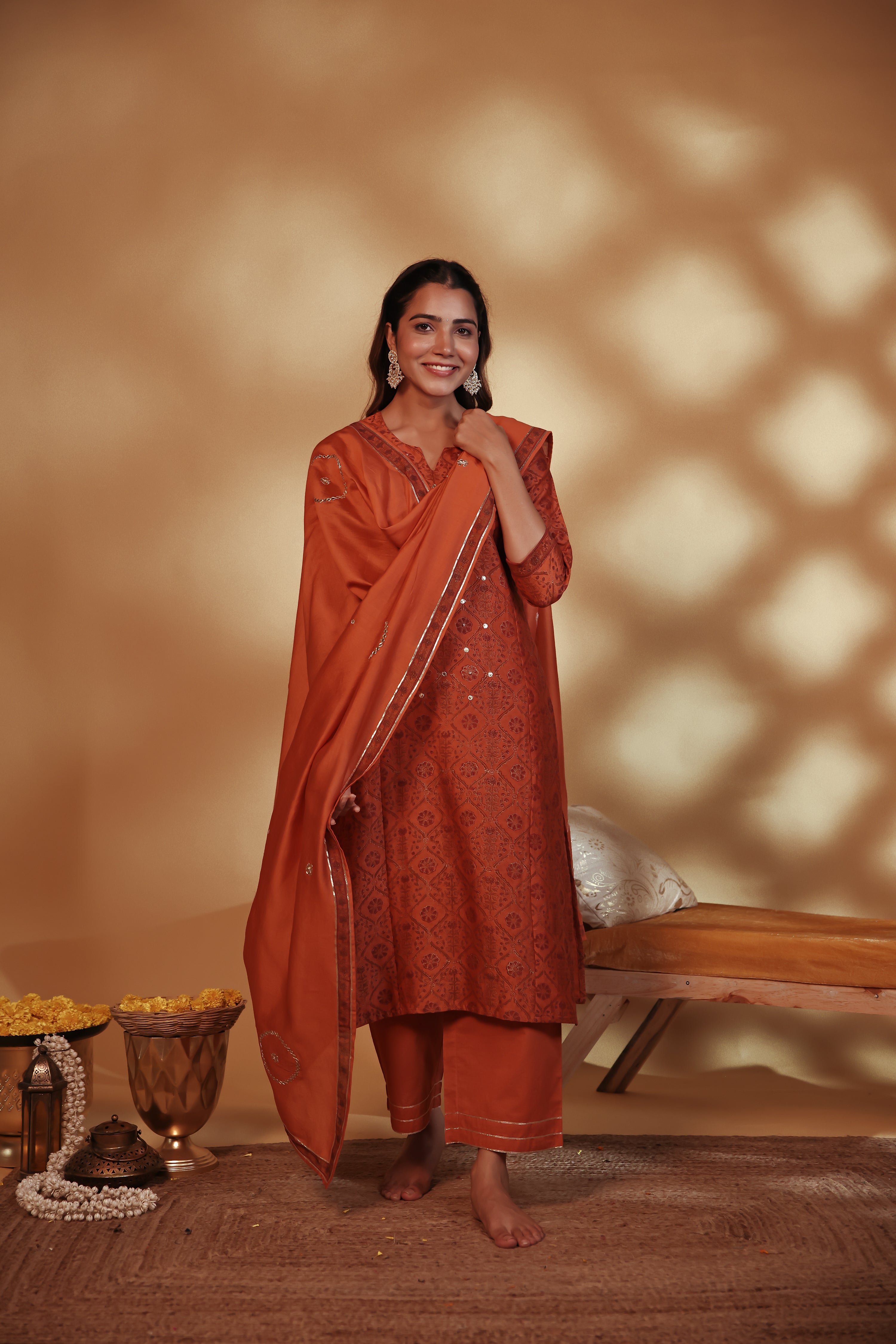 Rust Hand Embroidery Chanderi Suit Set