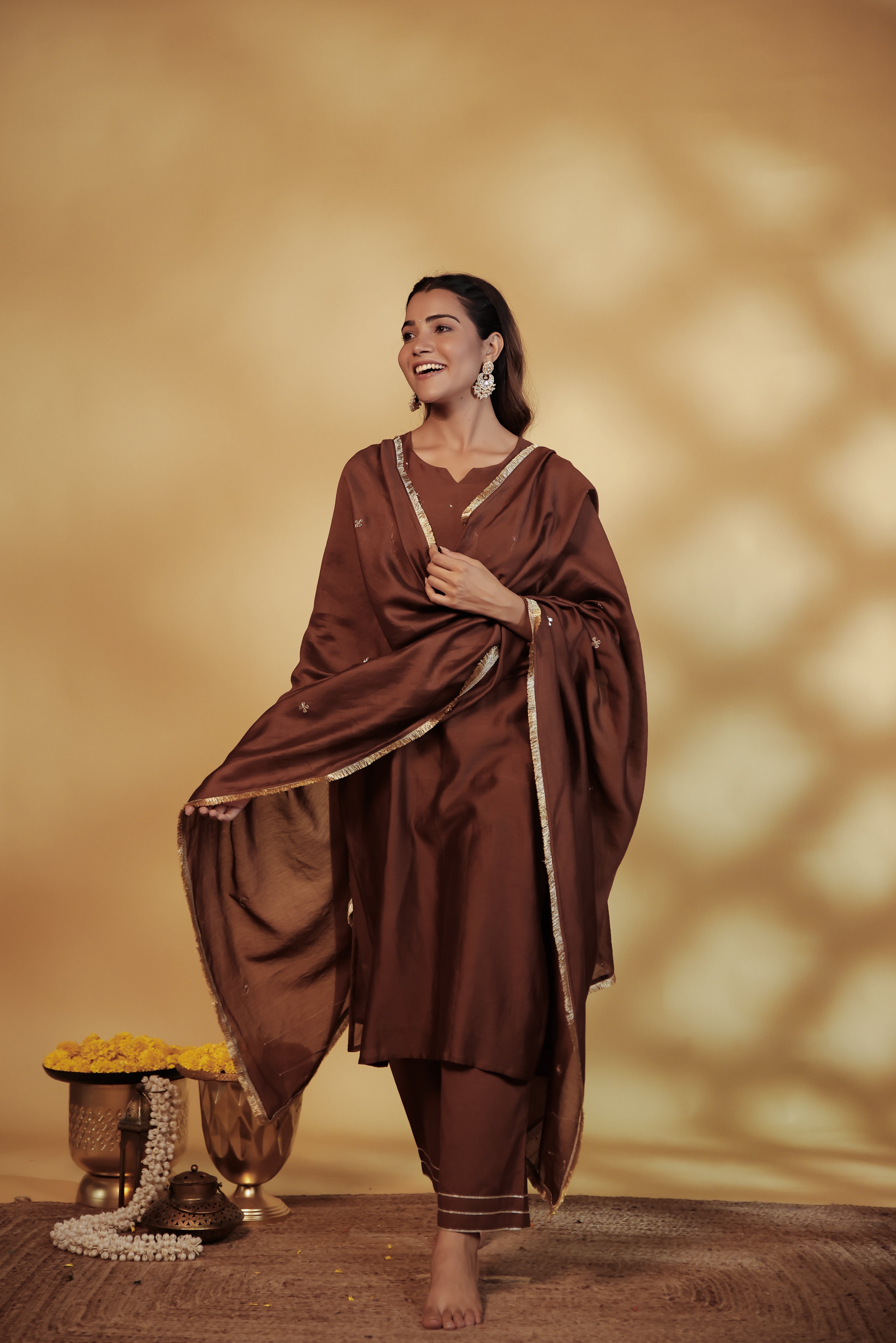 Brown Chanderi Hand-Embroidered Suit Set