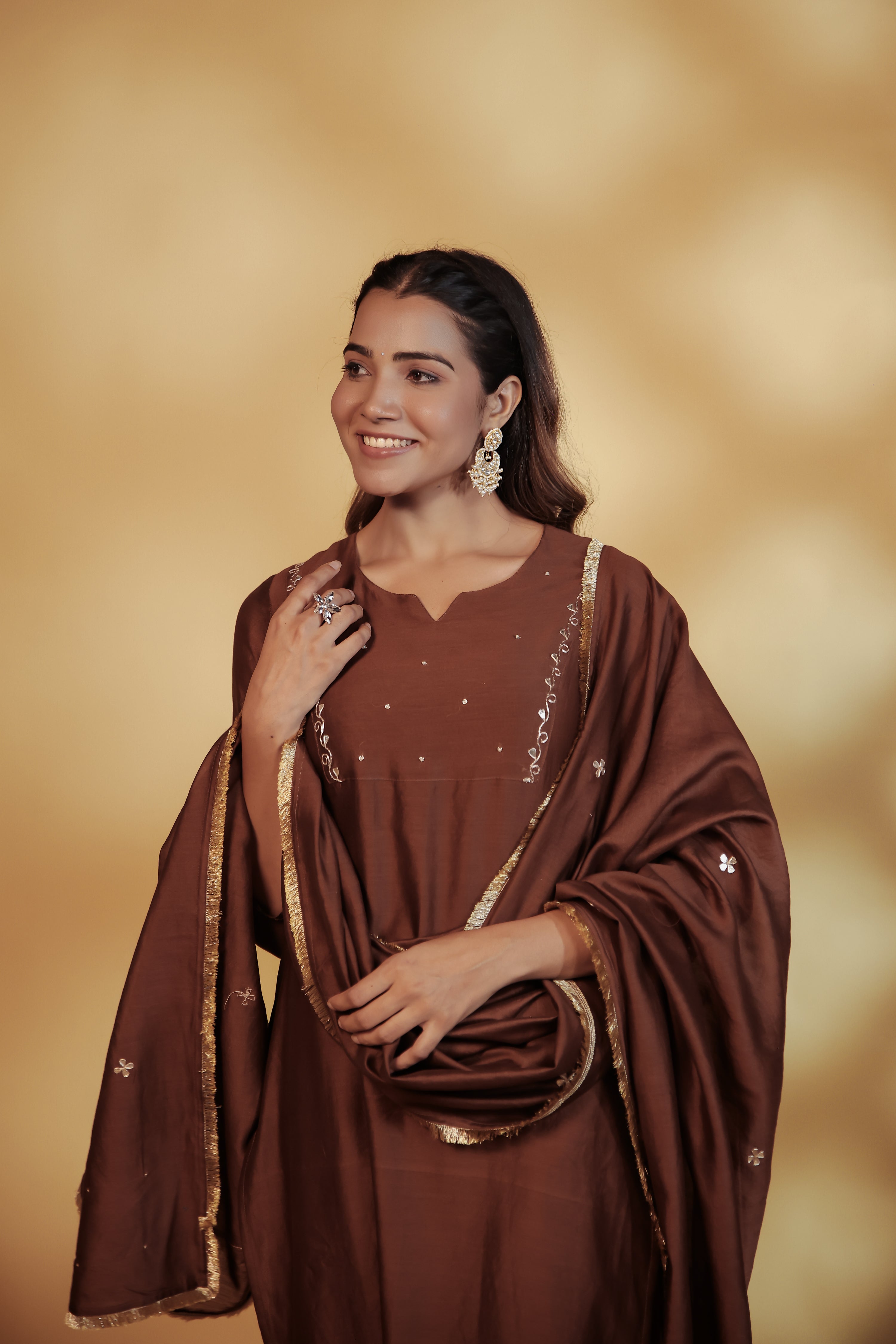Brown Chanderi Hand-Embroidered Suit Set