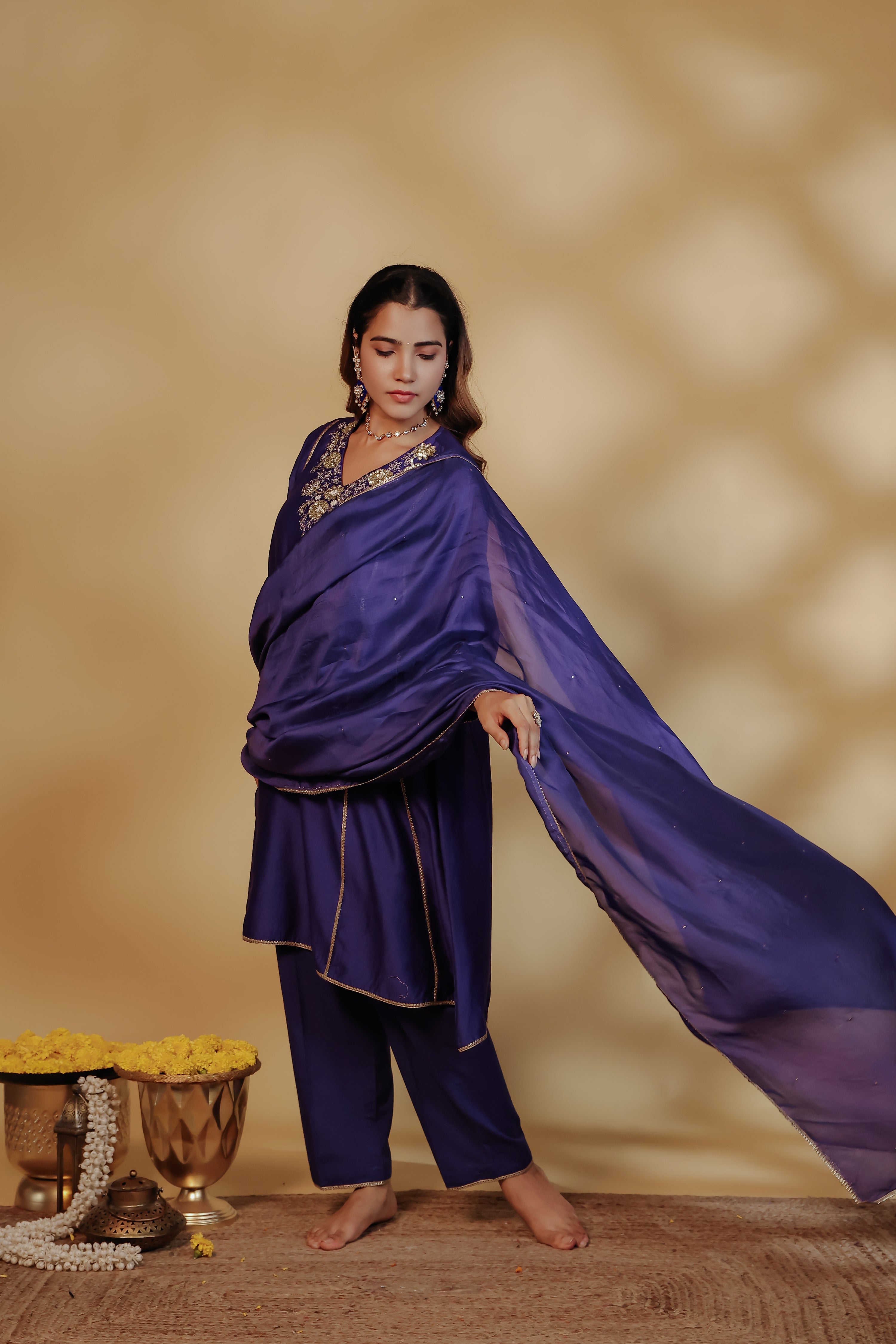 Blue Chanderi Hand-Embroidered Suit Set