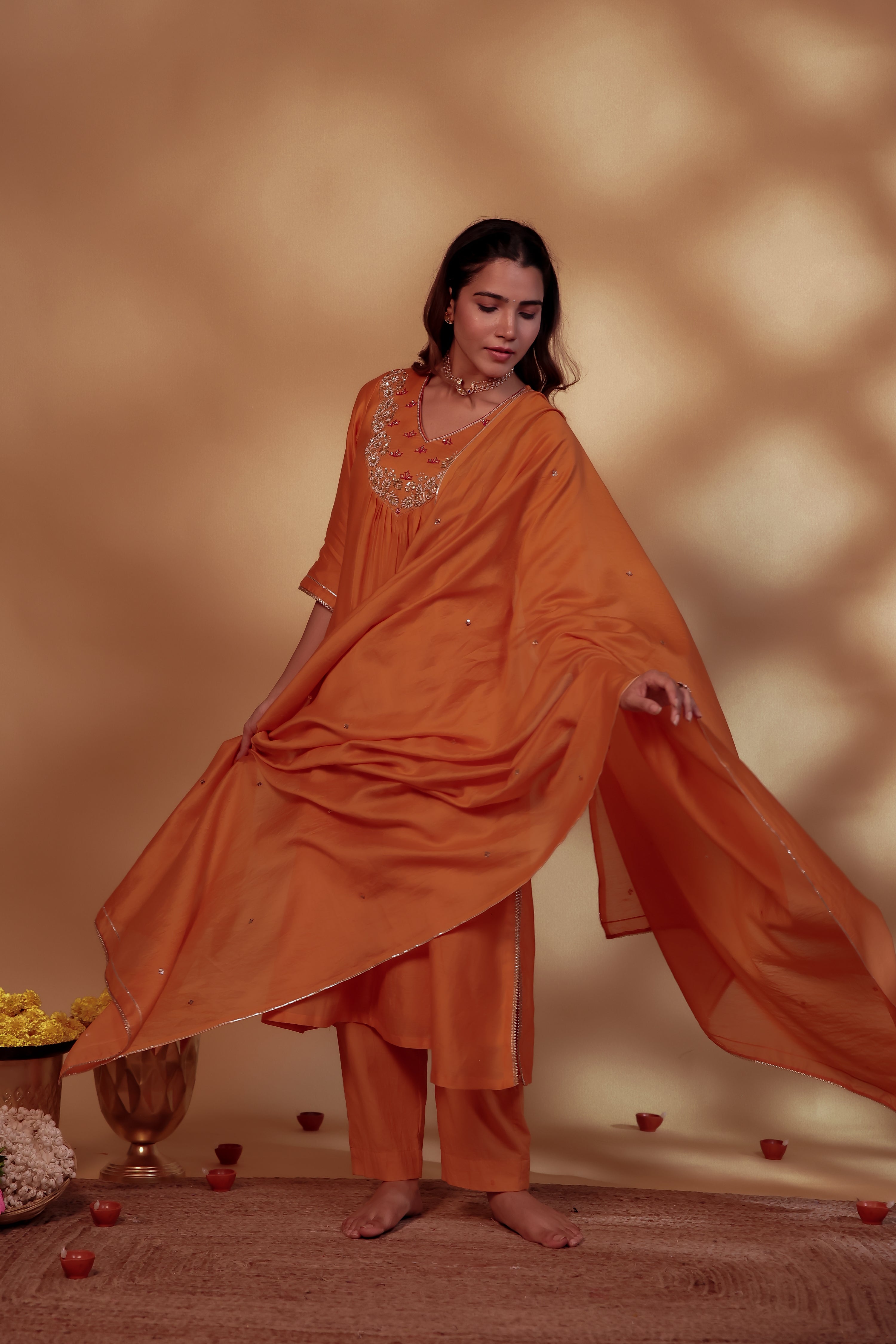Orange Chanderi Hand Embroidered Suit Set