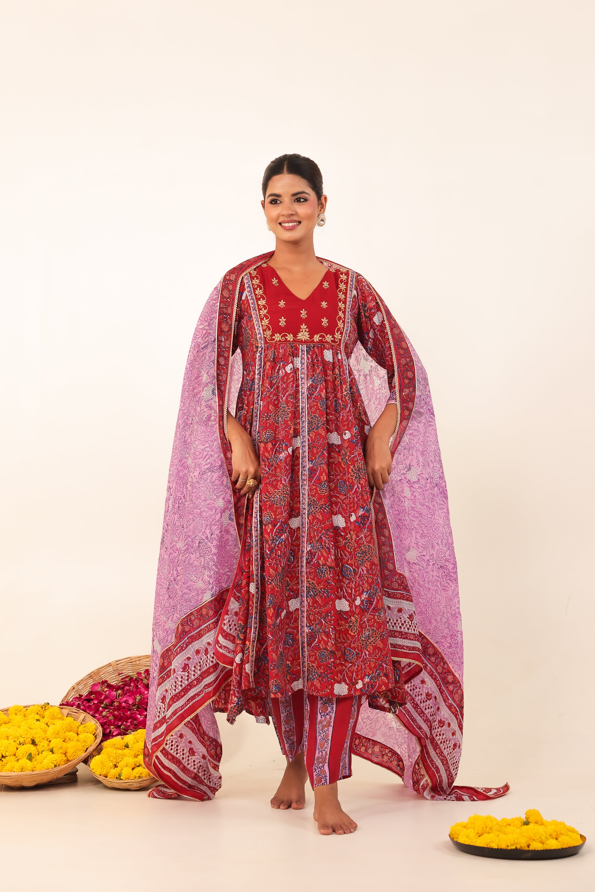 Maroon Printed Hand- Block Viscose Muslin Suit Set