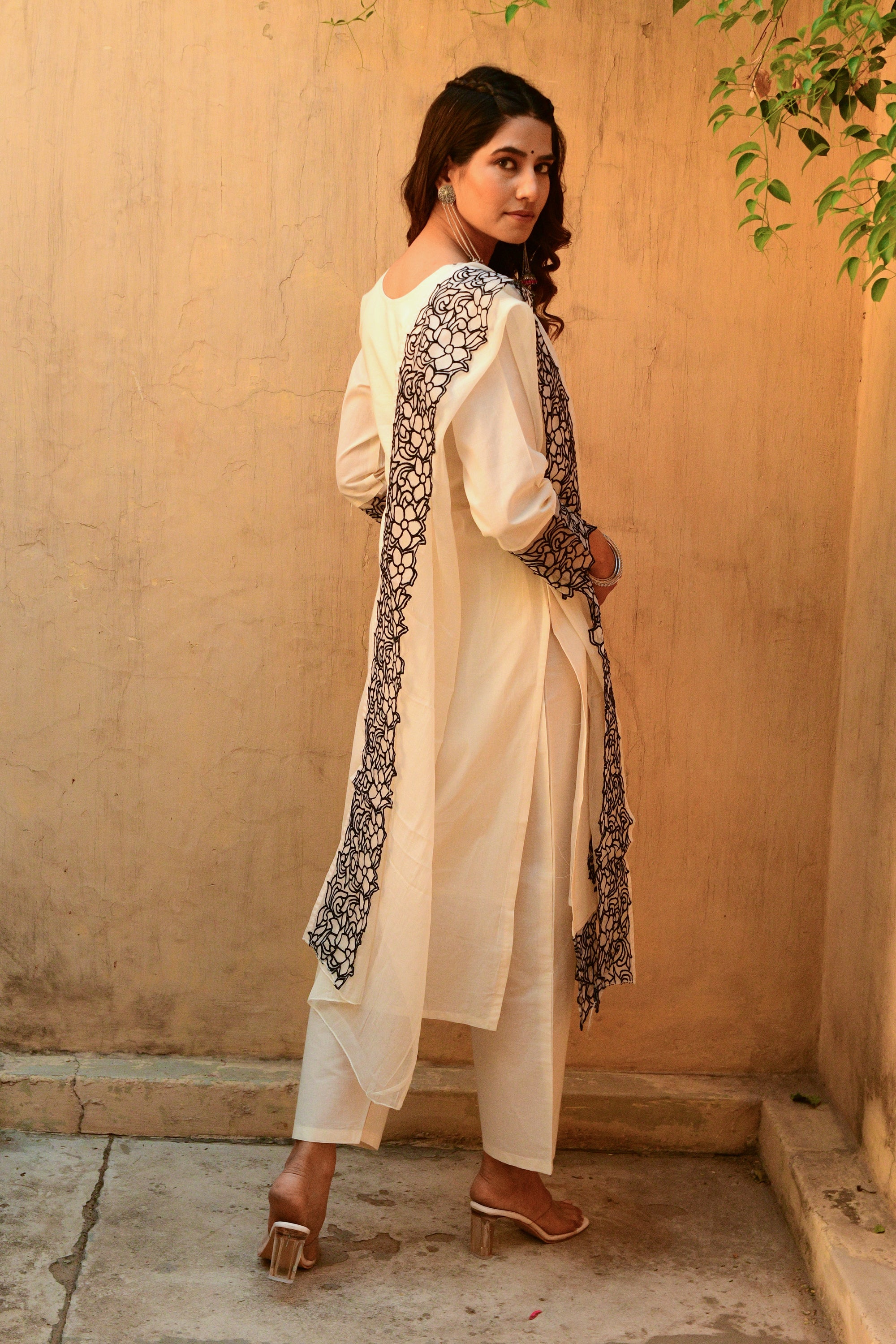 Off White Embroidered Cotton Suit- Set of 3