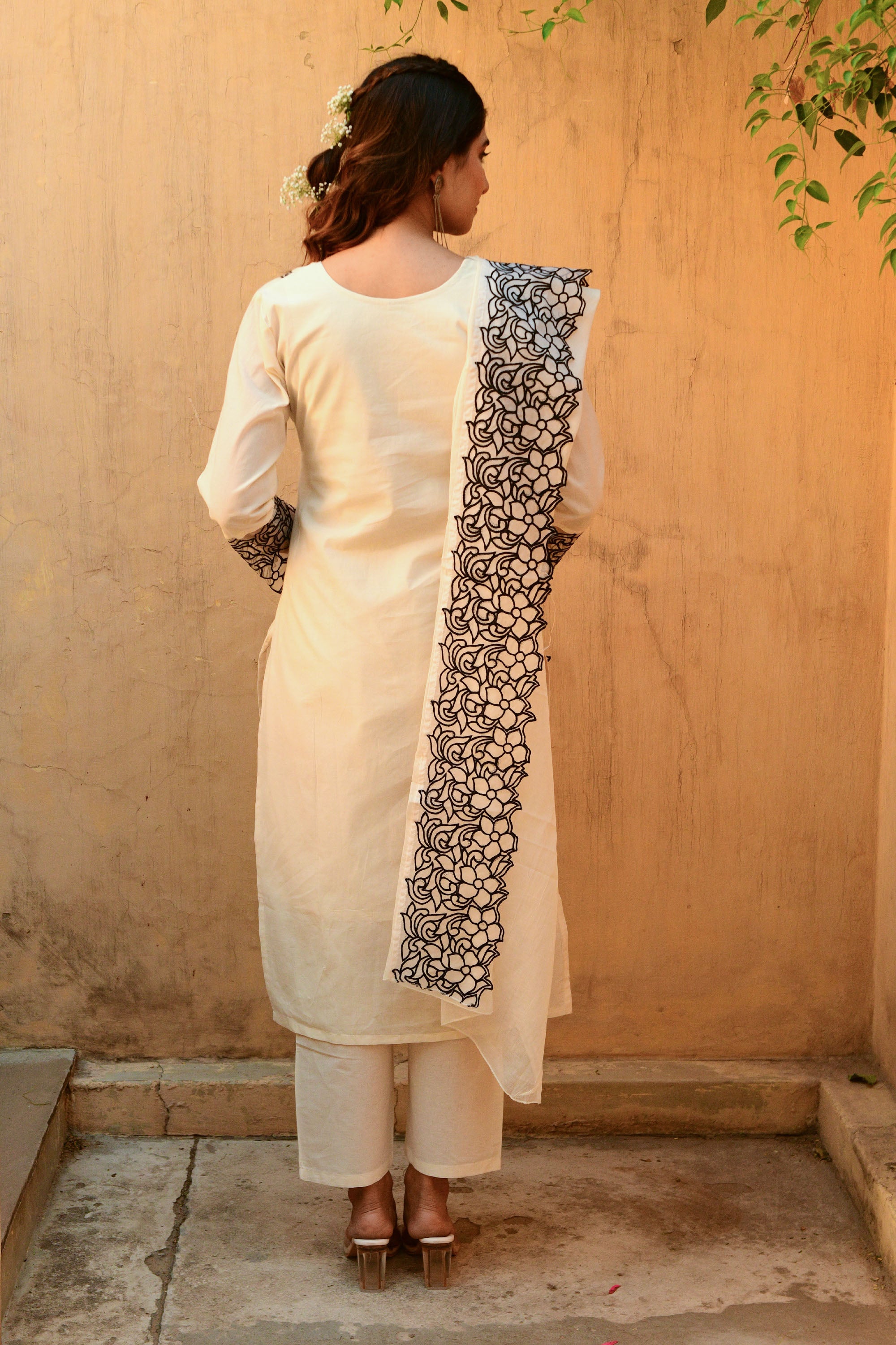 Off White Embroidered Cotton Suit- Set of 3