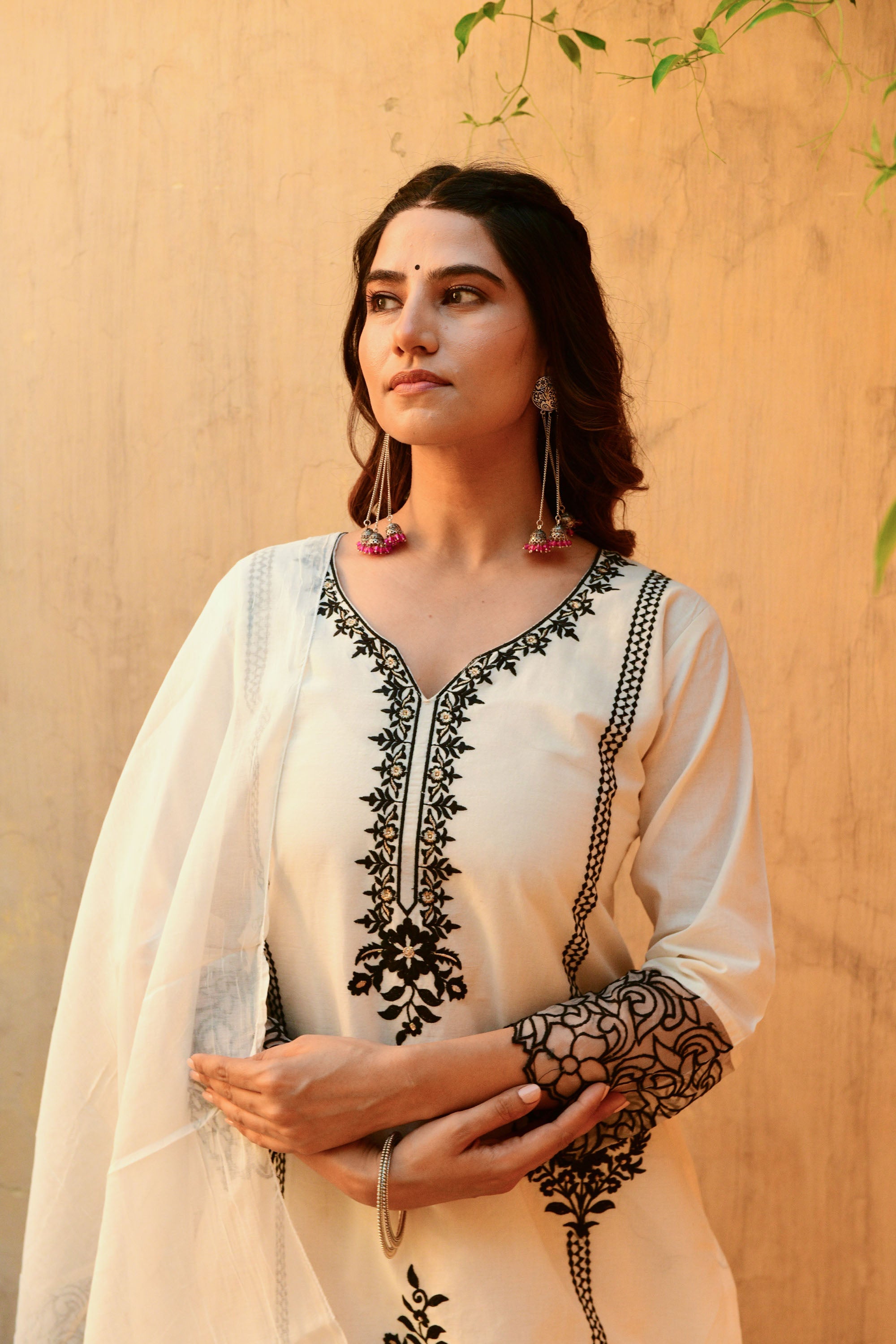 Off White Embroidered Cotton Suit- Set of 3
