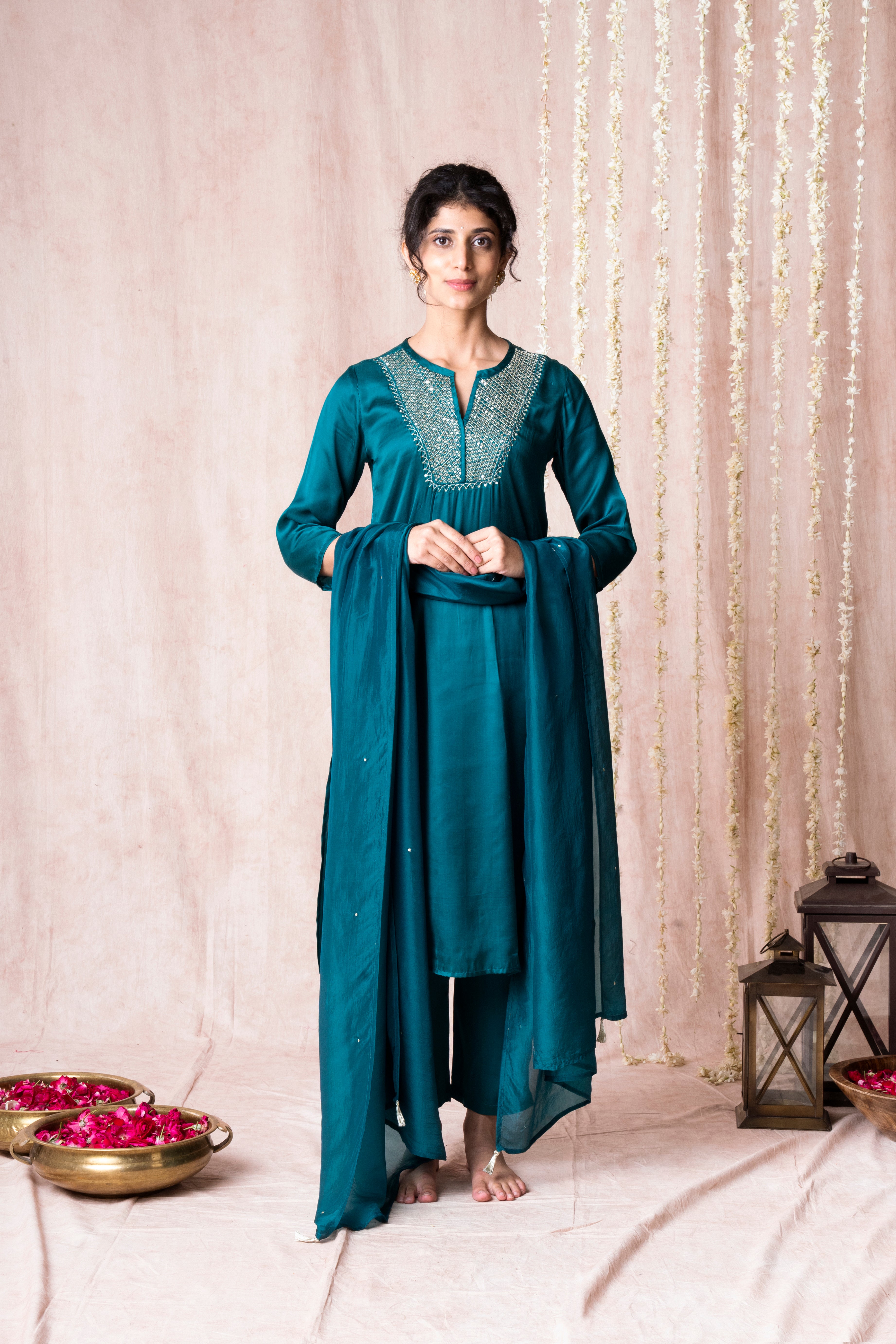 Bhargavi Dark Sea Green Modal Satin Suit Set