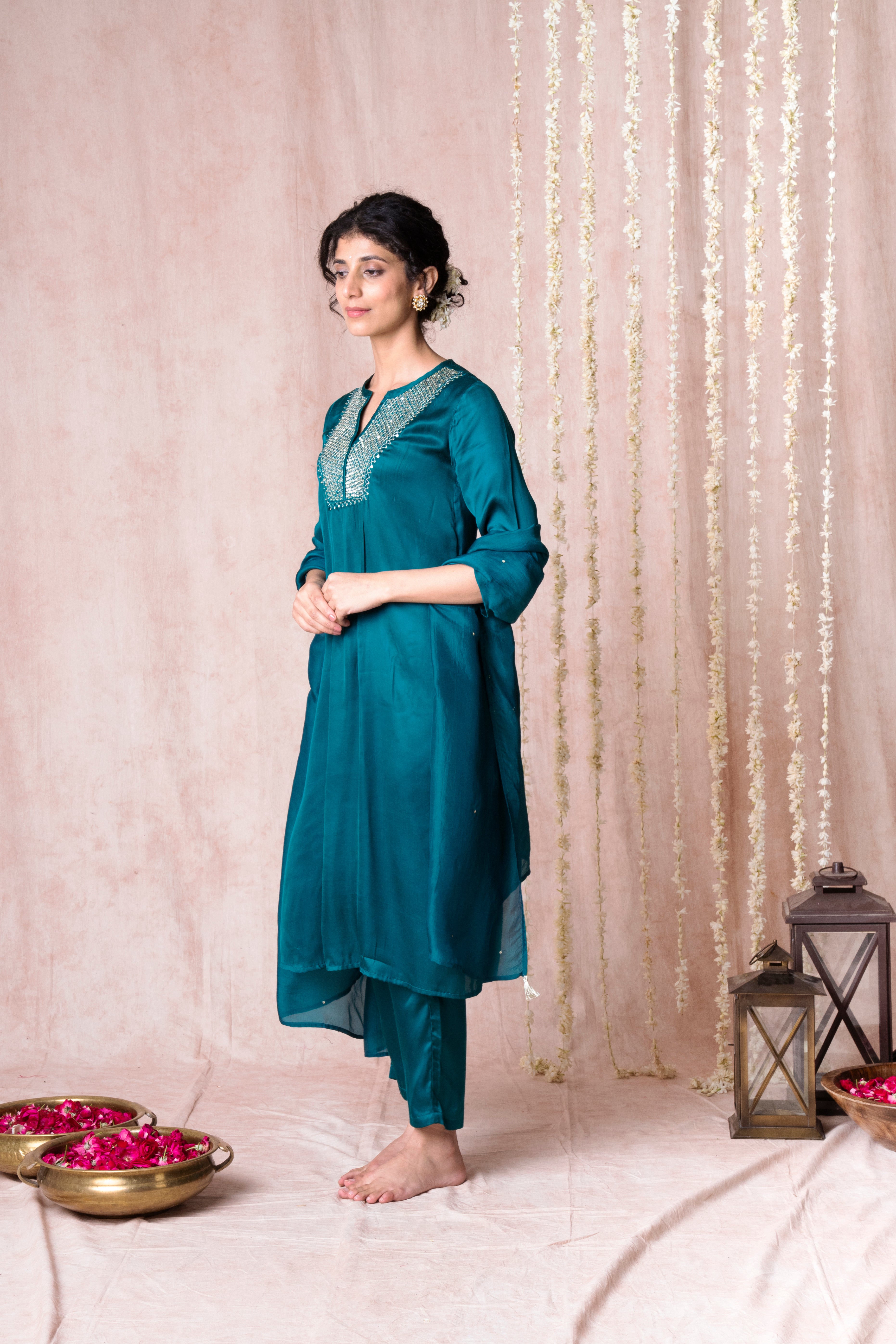 Bhargavi Dark Sea Green Modal Satin Suit Set