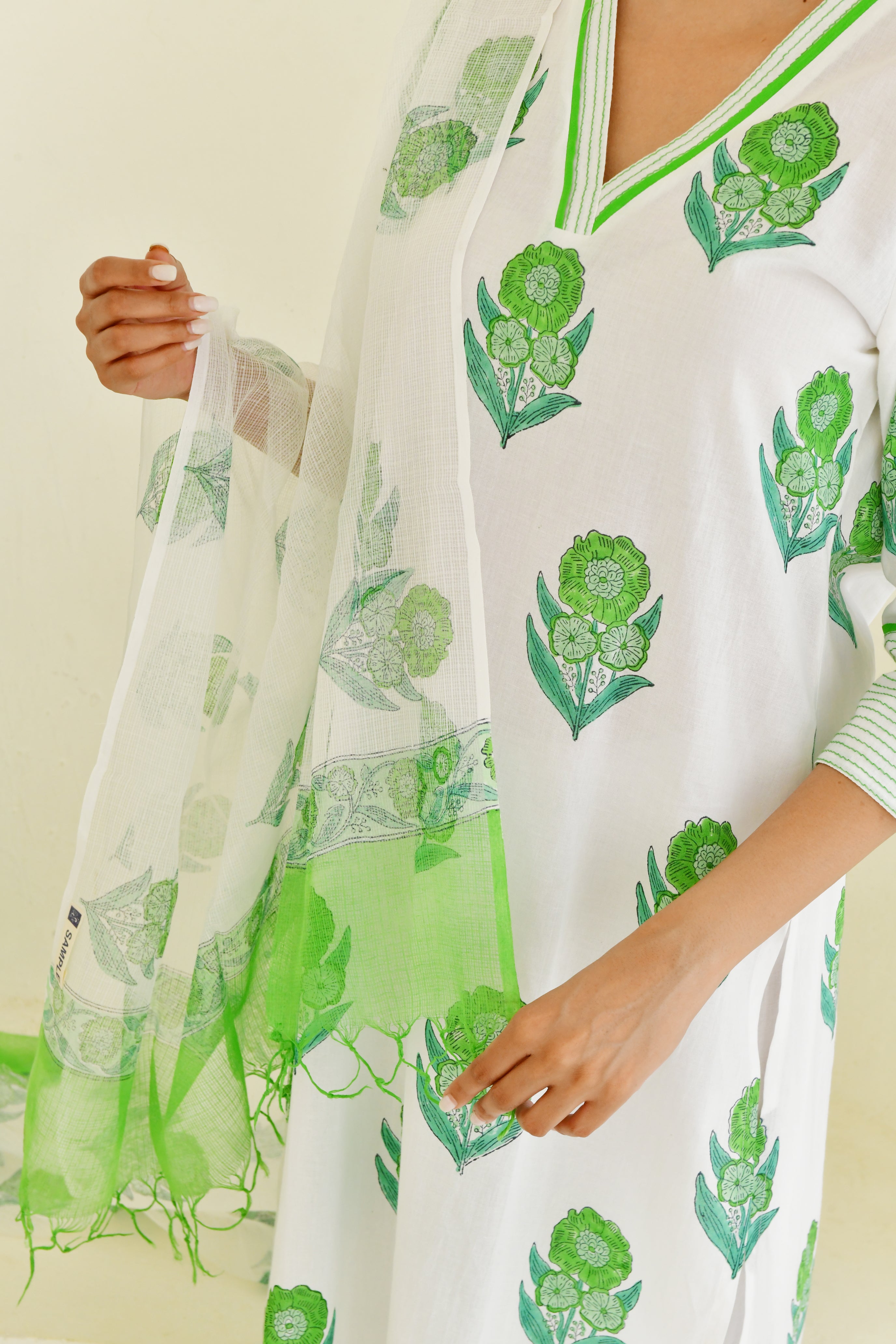 Green Boota Handblock Cotton Kurta Set