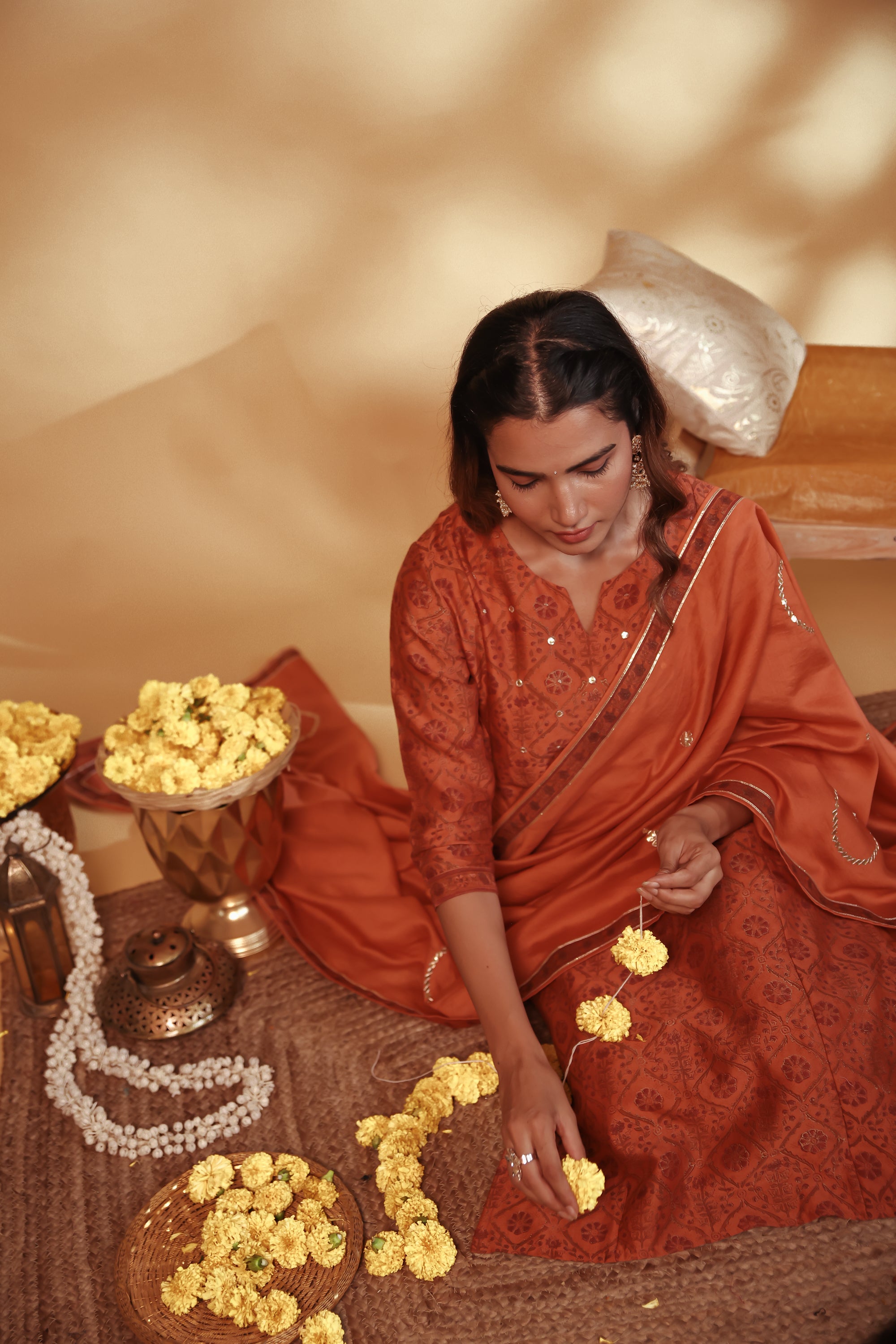 Rust Hand Embroidery Chanderi Suit Set