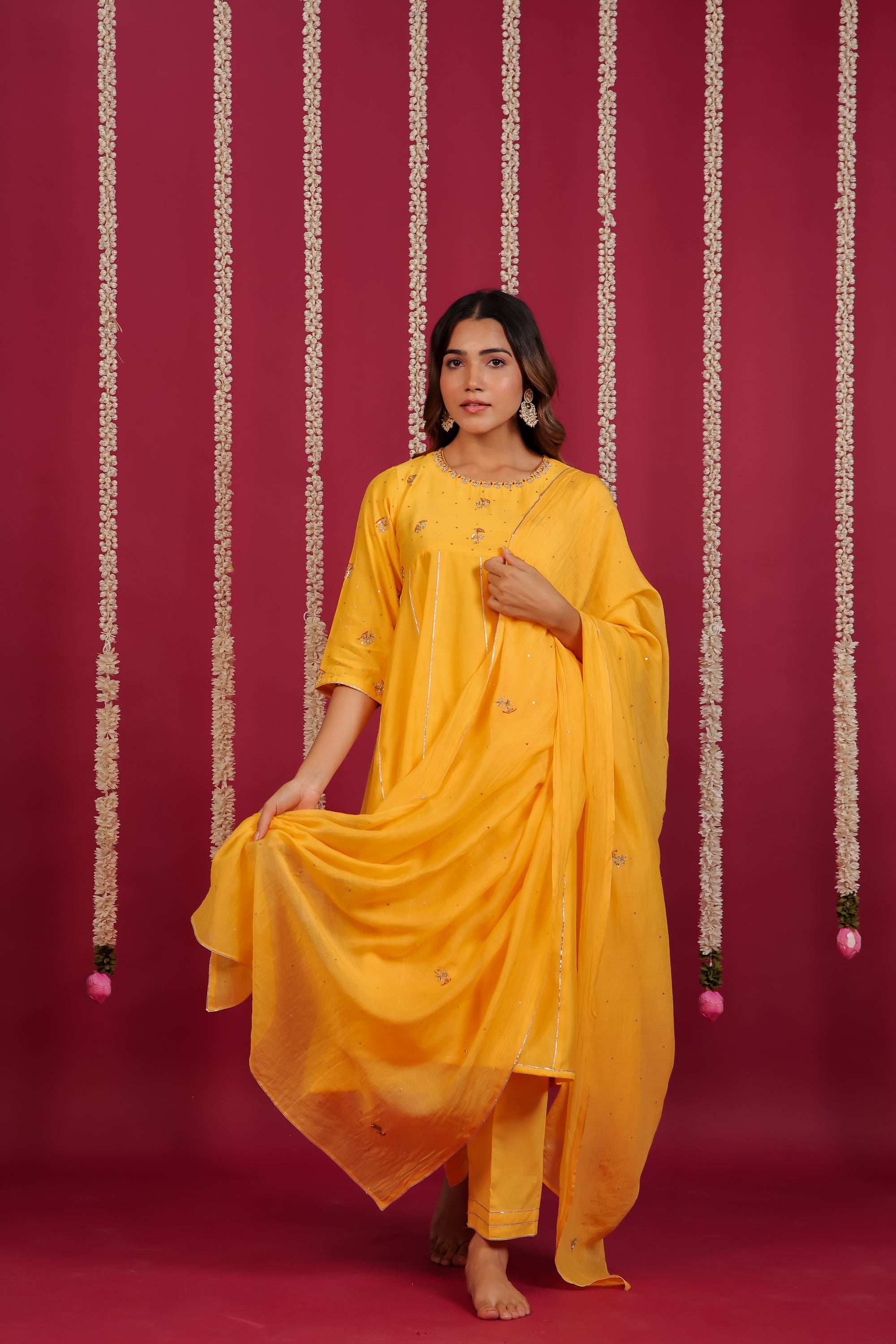 Mango Yellow Chanderi Hand-Embroidered Suit Set