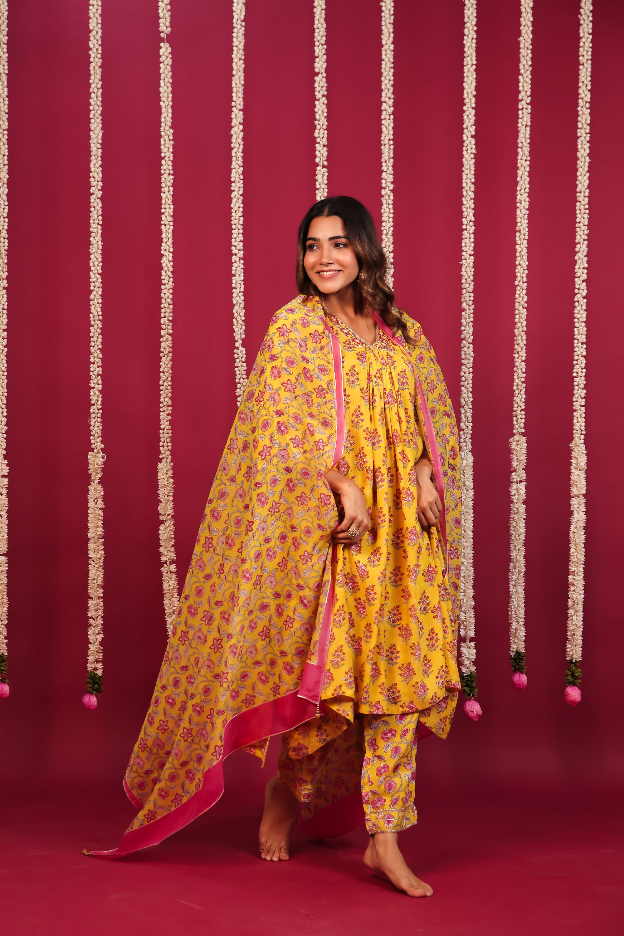 Haldi Yellow Hand-Block Embroidered Maslin Suit Set