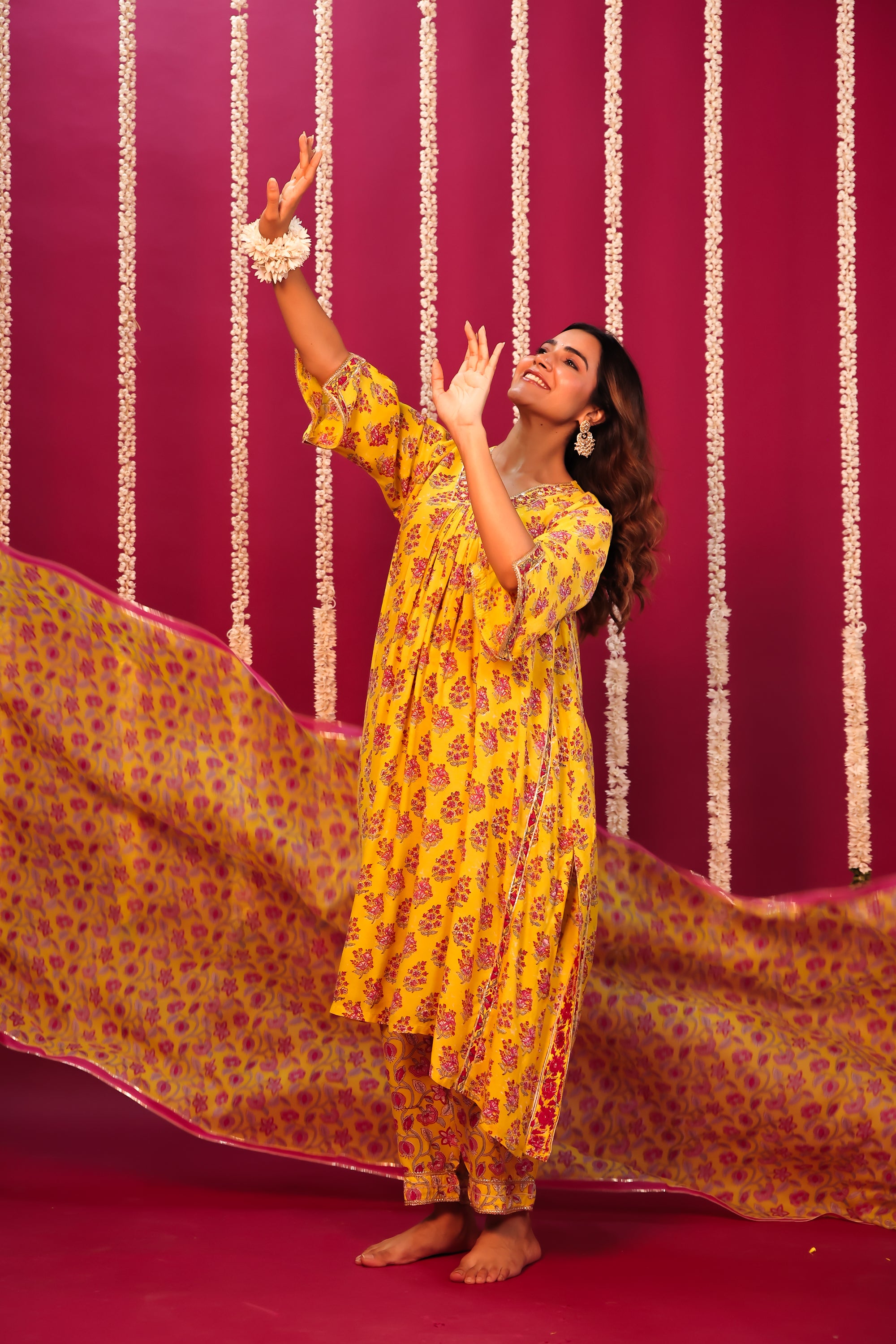 Haldi Yellow Hand-Block Embroidered Maslin Suit Set