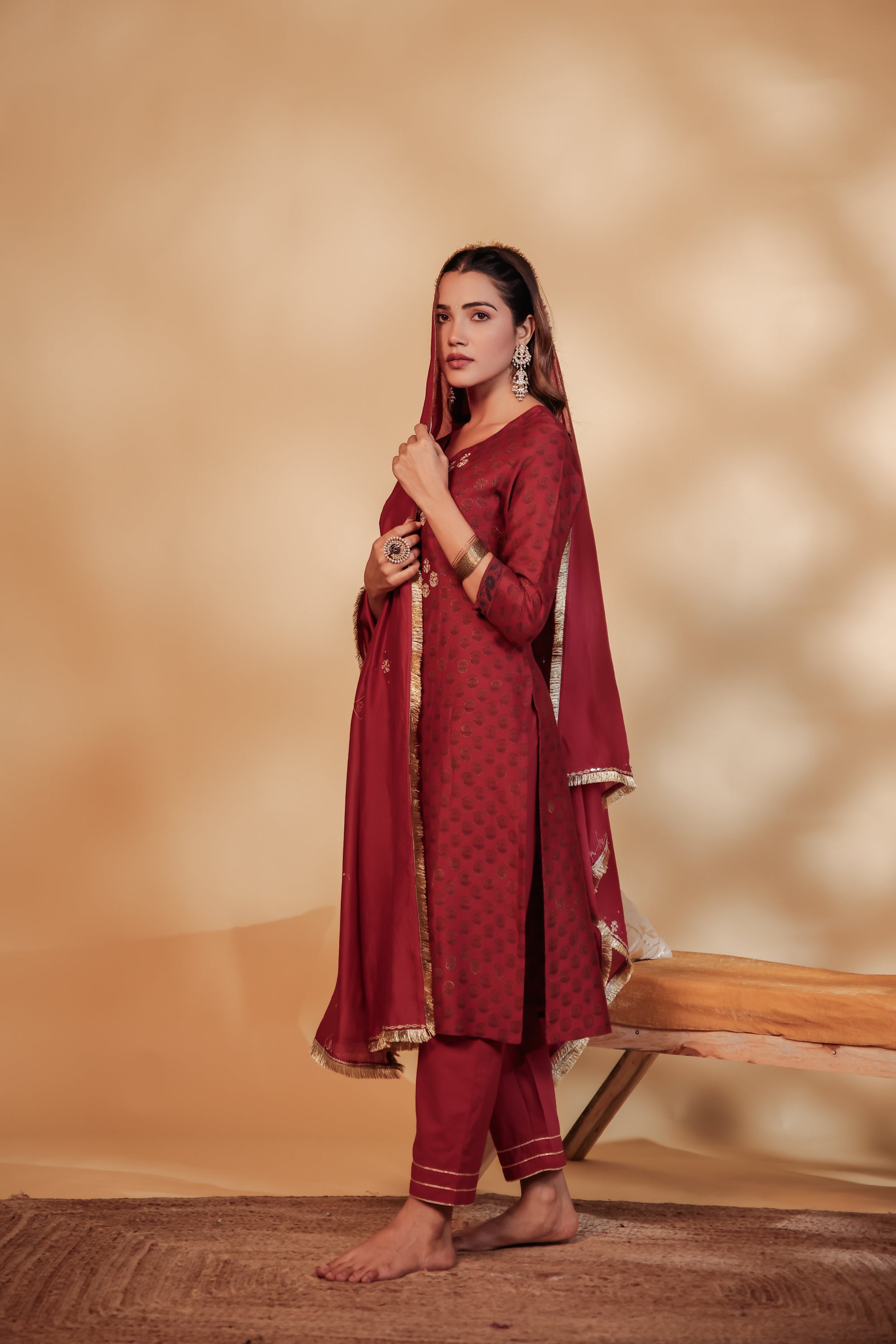 Maroon Chanderi Hand-Embroidered Suit Set