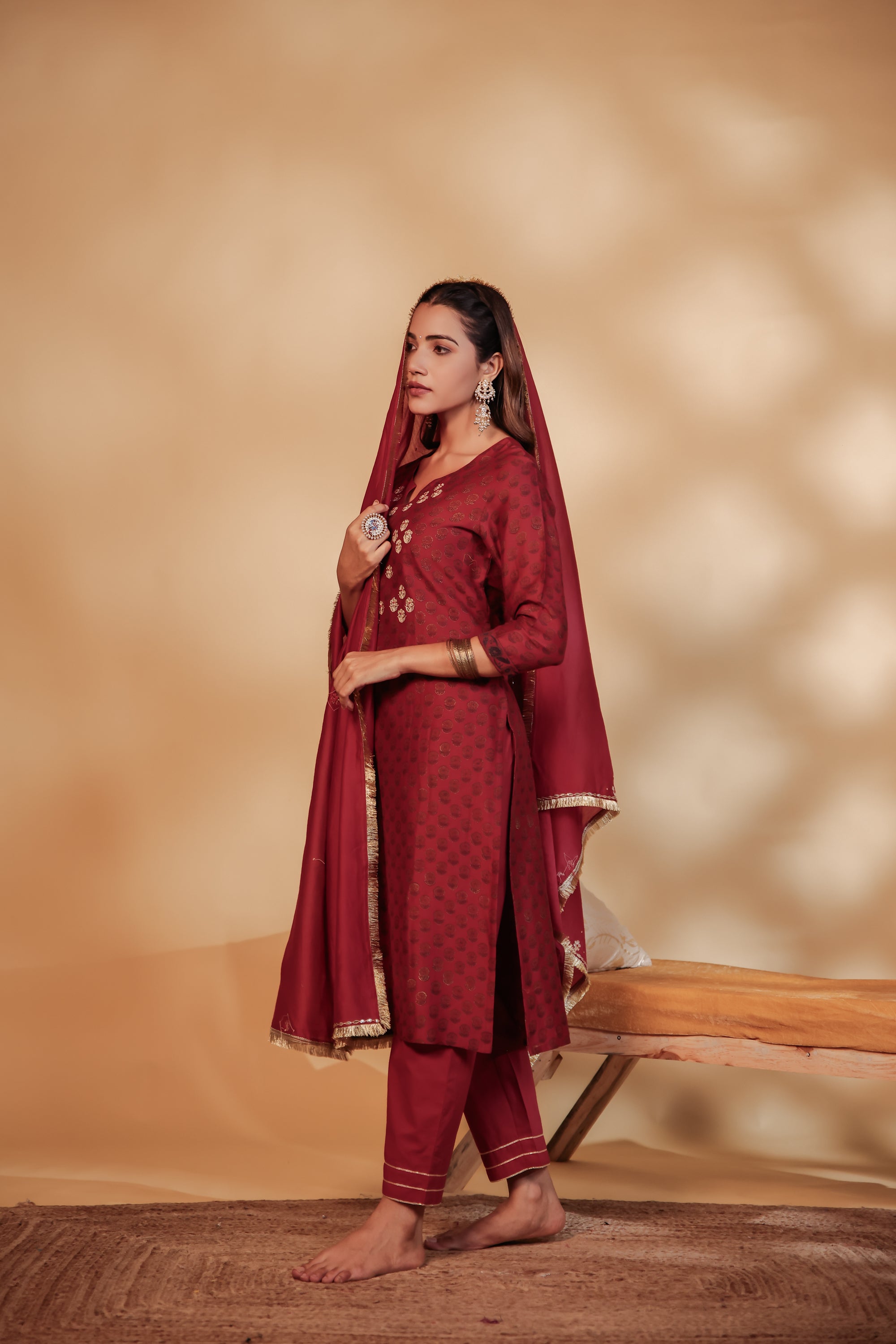 Maroon Chanderi Hand-Embroidered Suit Set