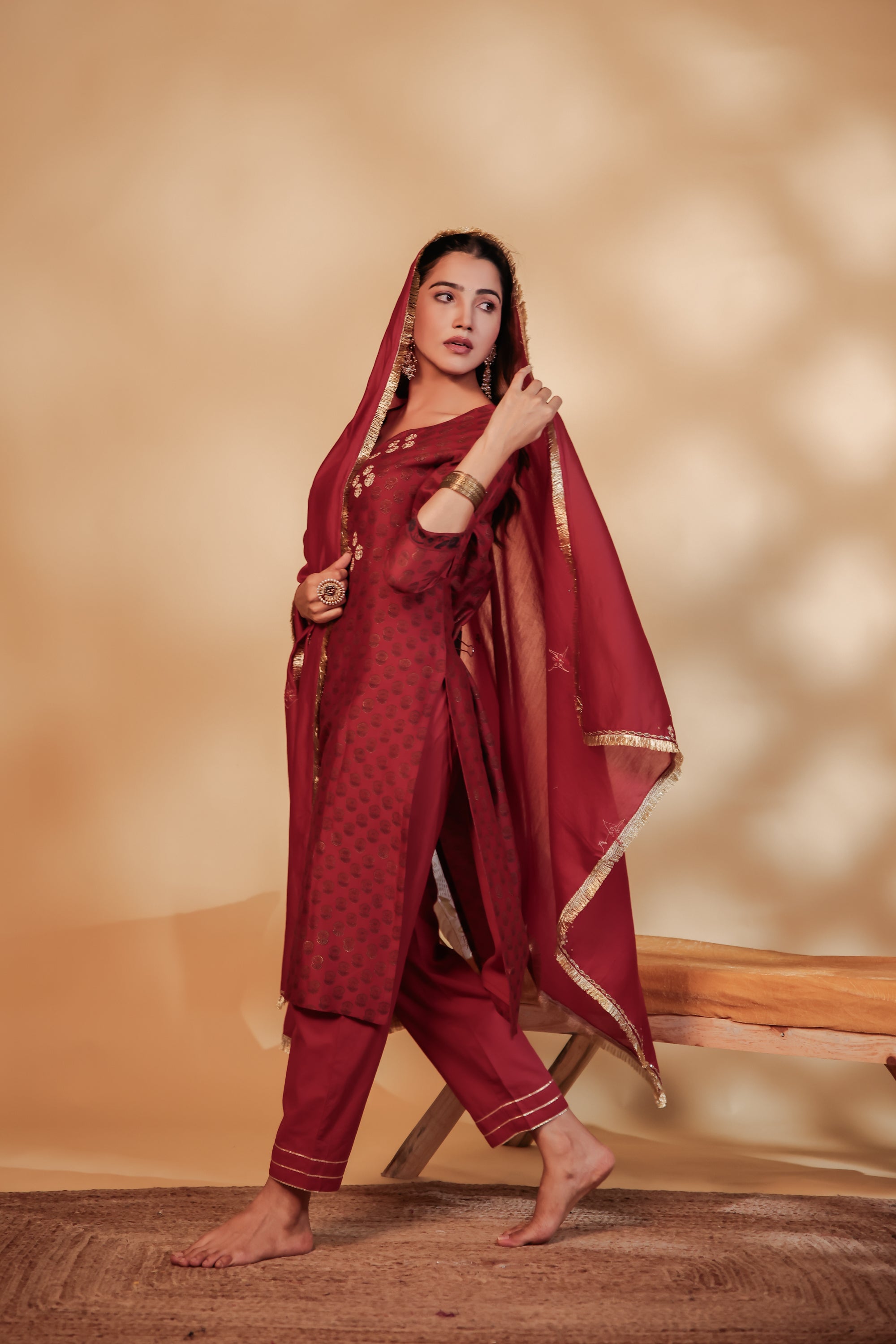 Maroon Chanderi Hand-Embroidered Suit Set
