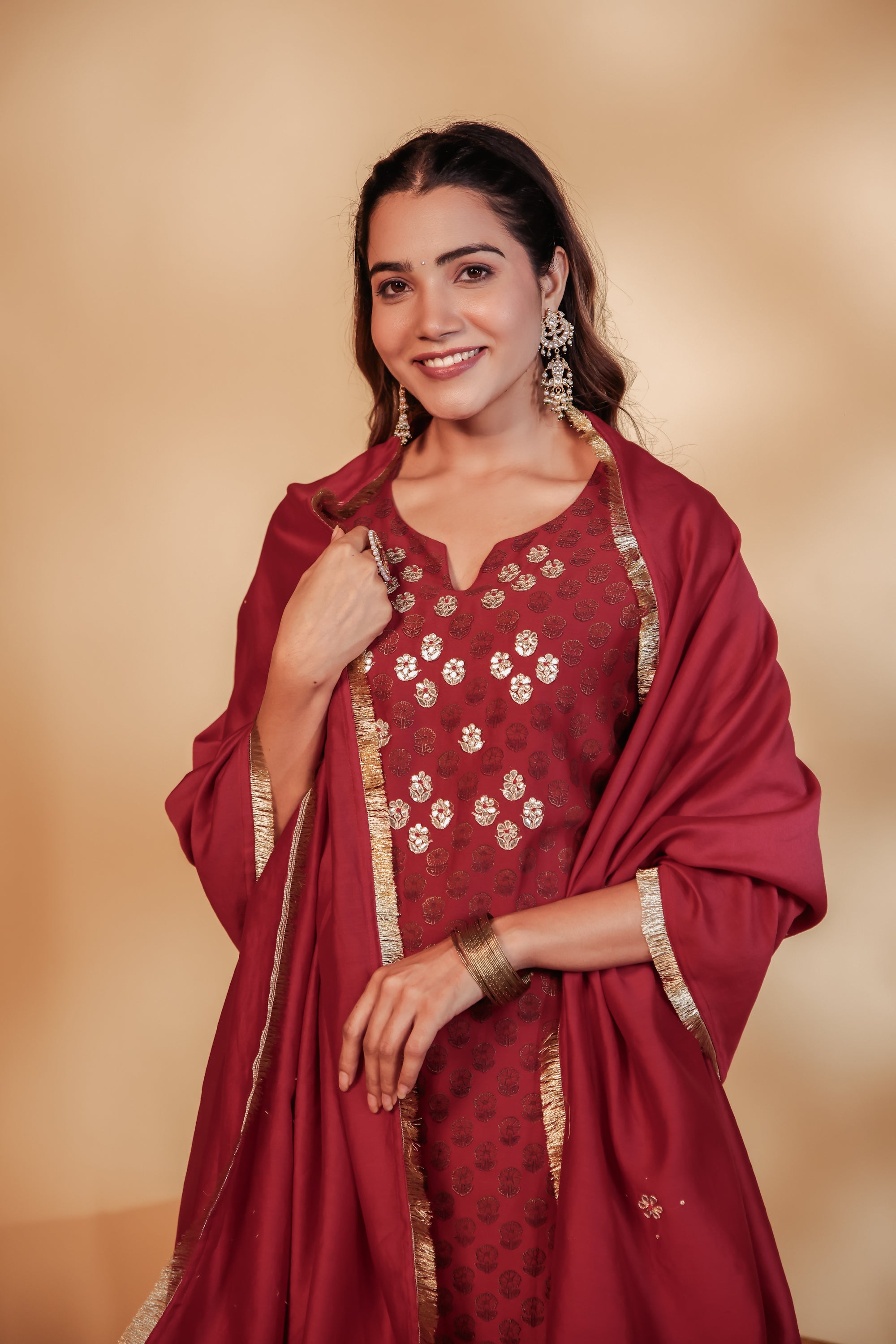 Maroon Chanderi Hand-Embroidered Suit Set