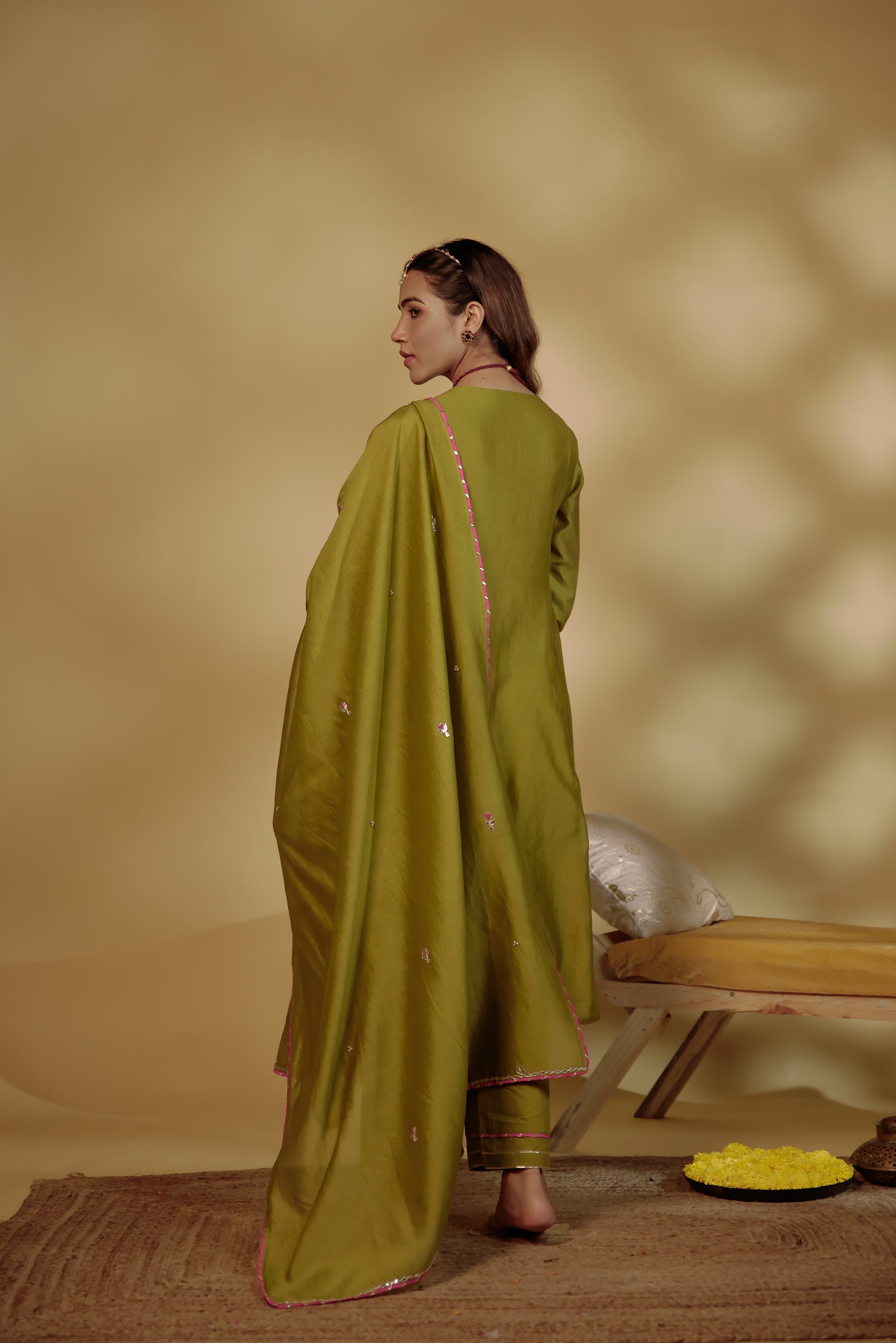 Mahendi Green Hand-Embroidered Chanderi Suit Set