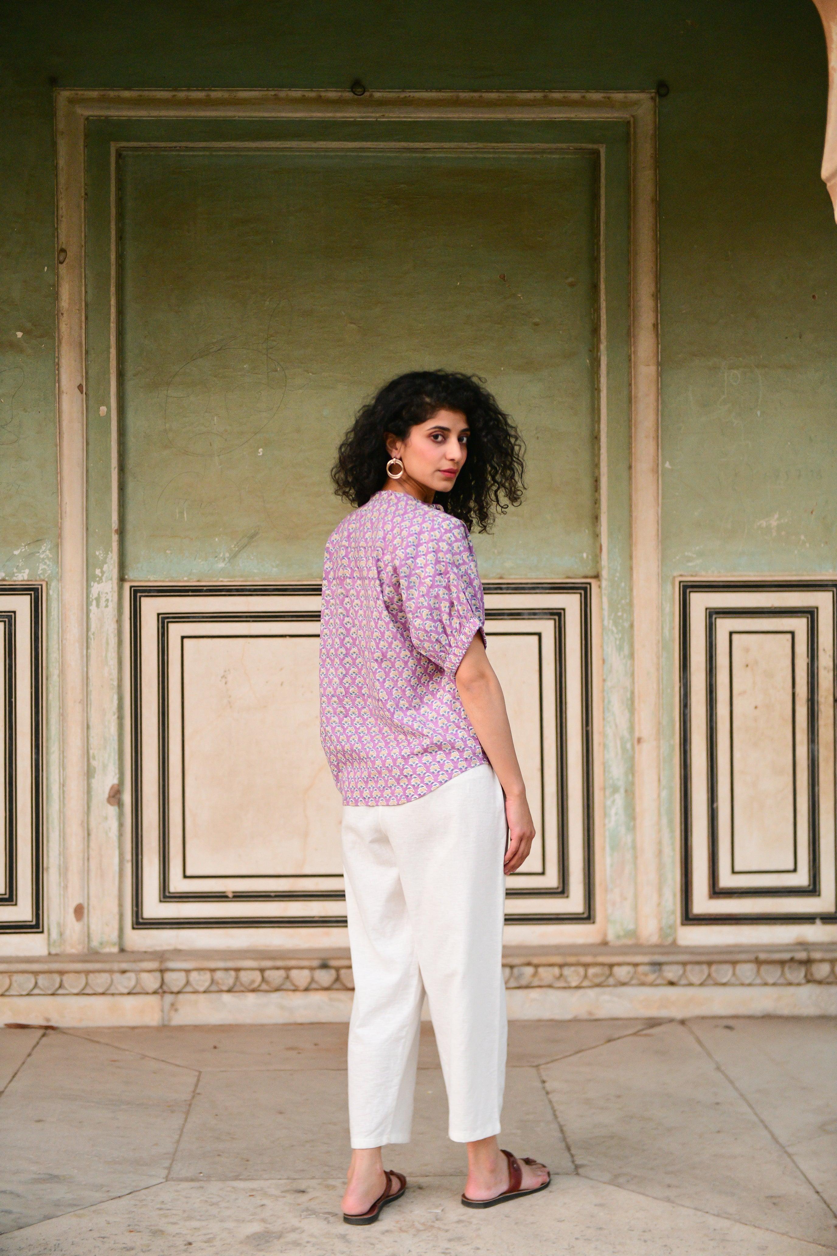 Aaravi Mauve Hand Block Printed Top Shirt - Shilpi Handicrafts