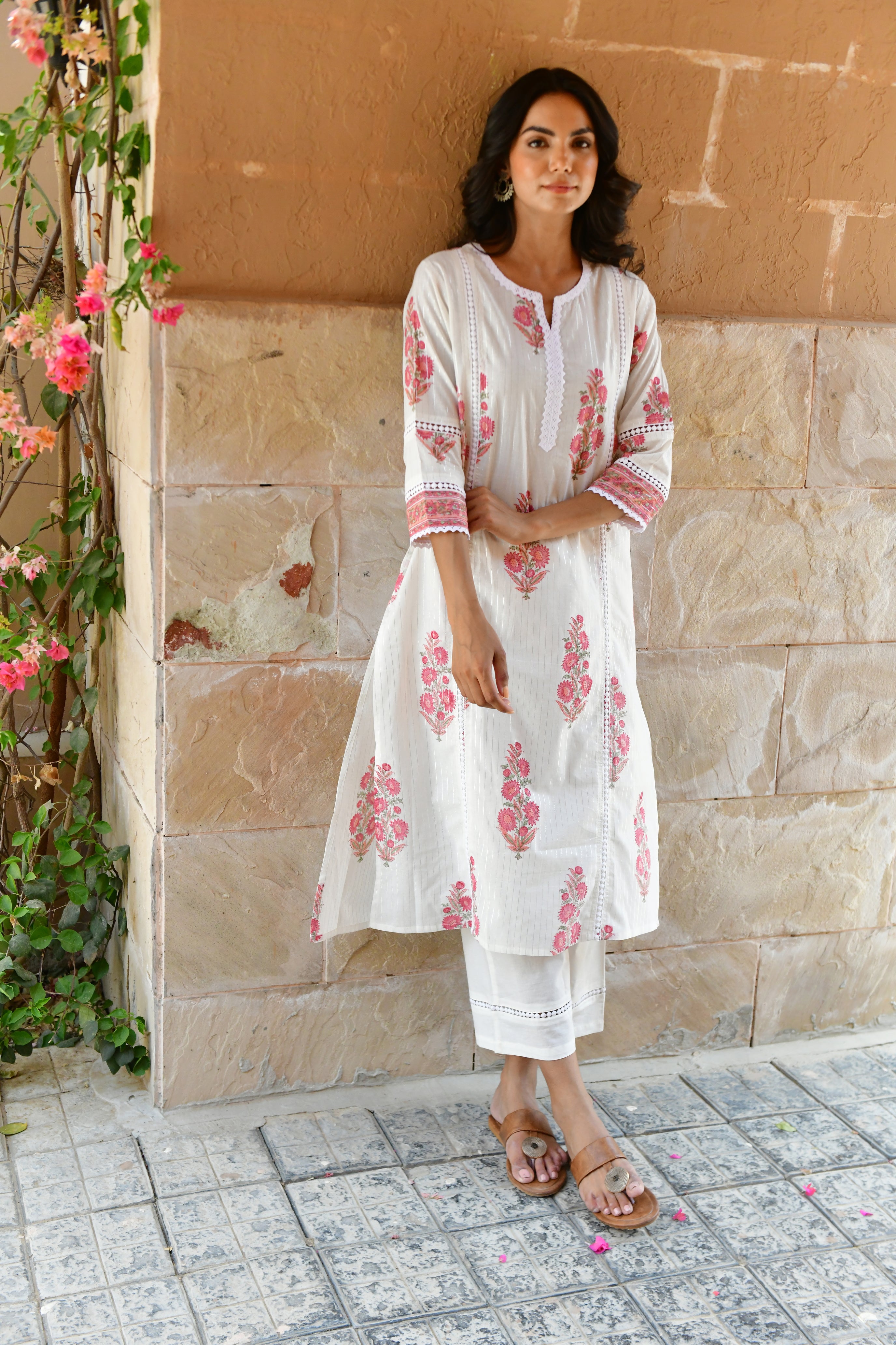 Blush Bloom Handblock Cotton Kurta Set