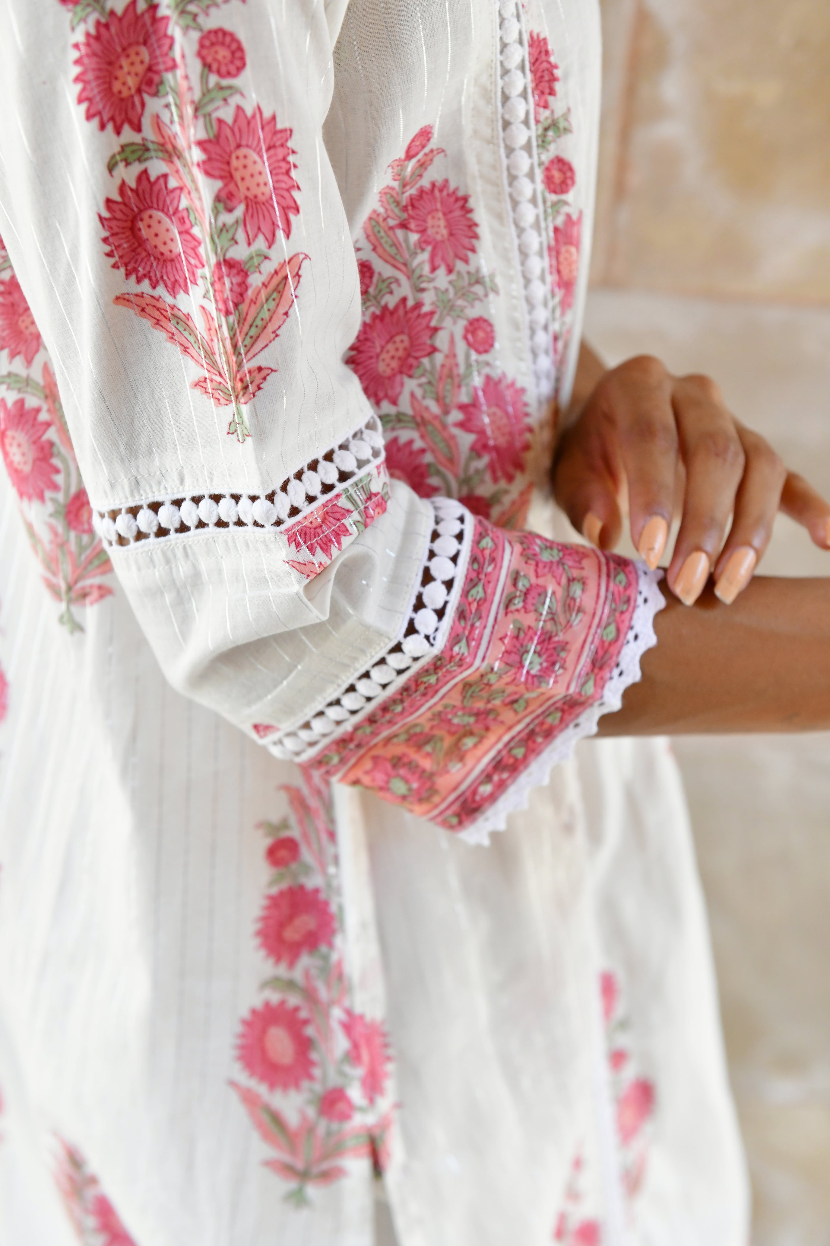 Blush Bloom Handblock Cotton Kurta Set