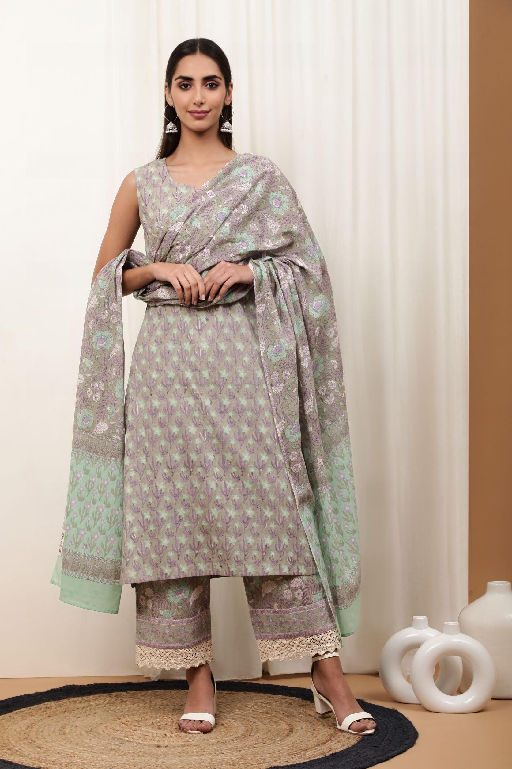 Ava Mauve Cambric Suit Set - Shilpi Handicrafts