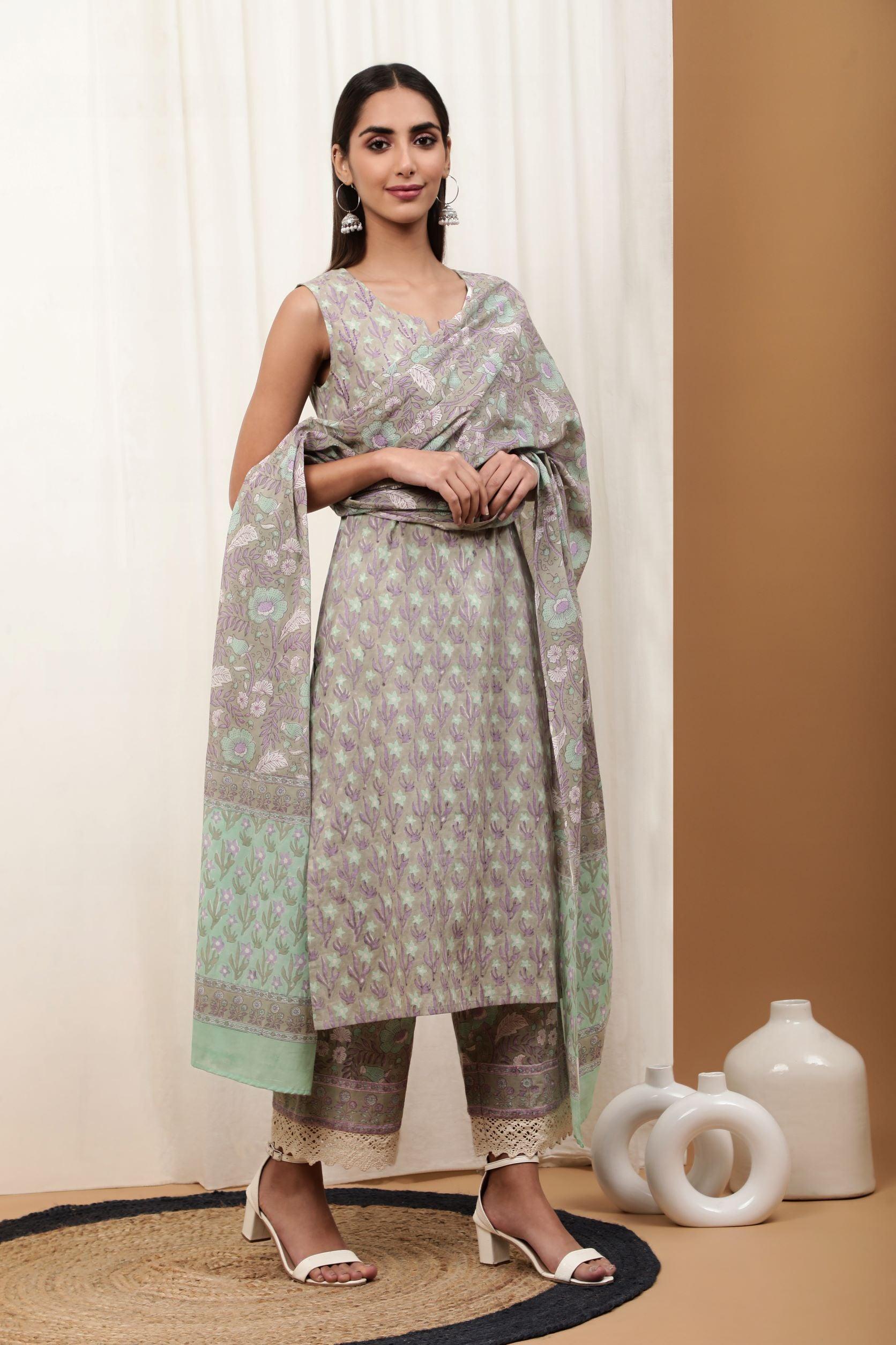 Ava Mauve Cambric Suit Set - Shilpi Handicrafts