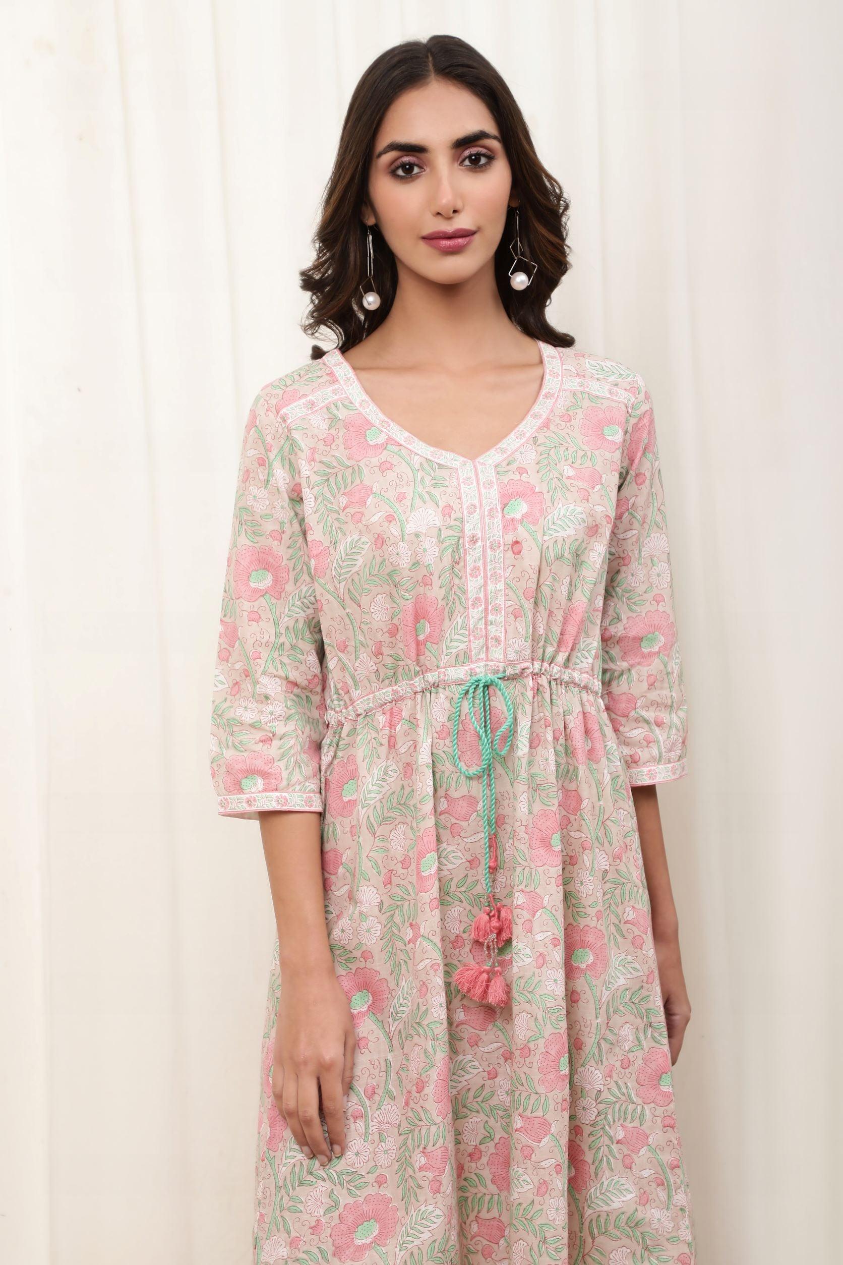 Adhira Beige Cotton Slub Midi Dress - Shilpi Handicrafts
