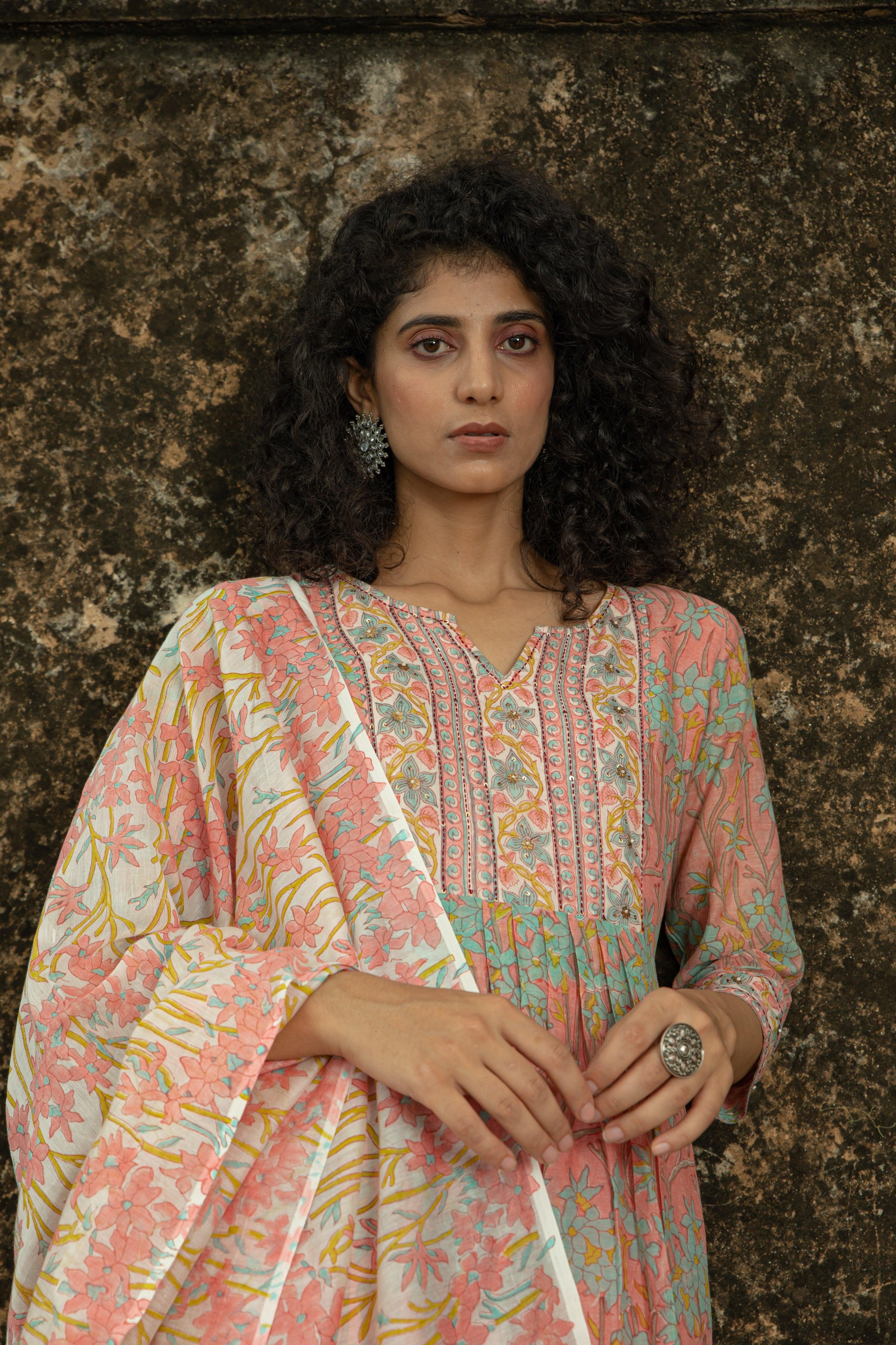 Aadhriti Peach Chanderi Suit Set - Shilpi Handicrafts