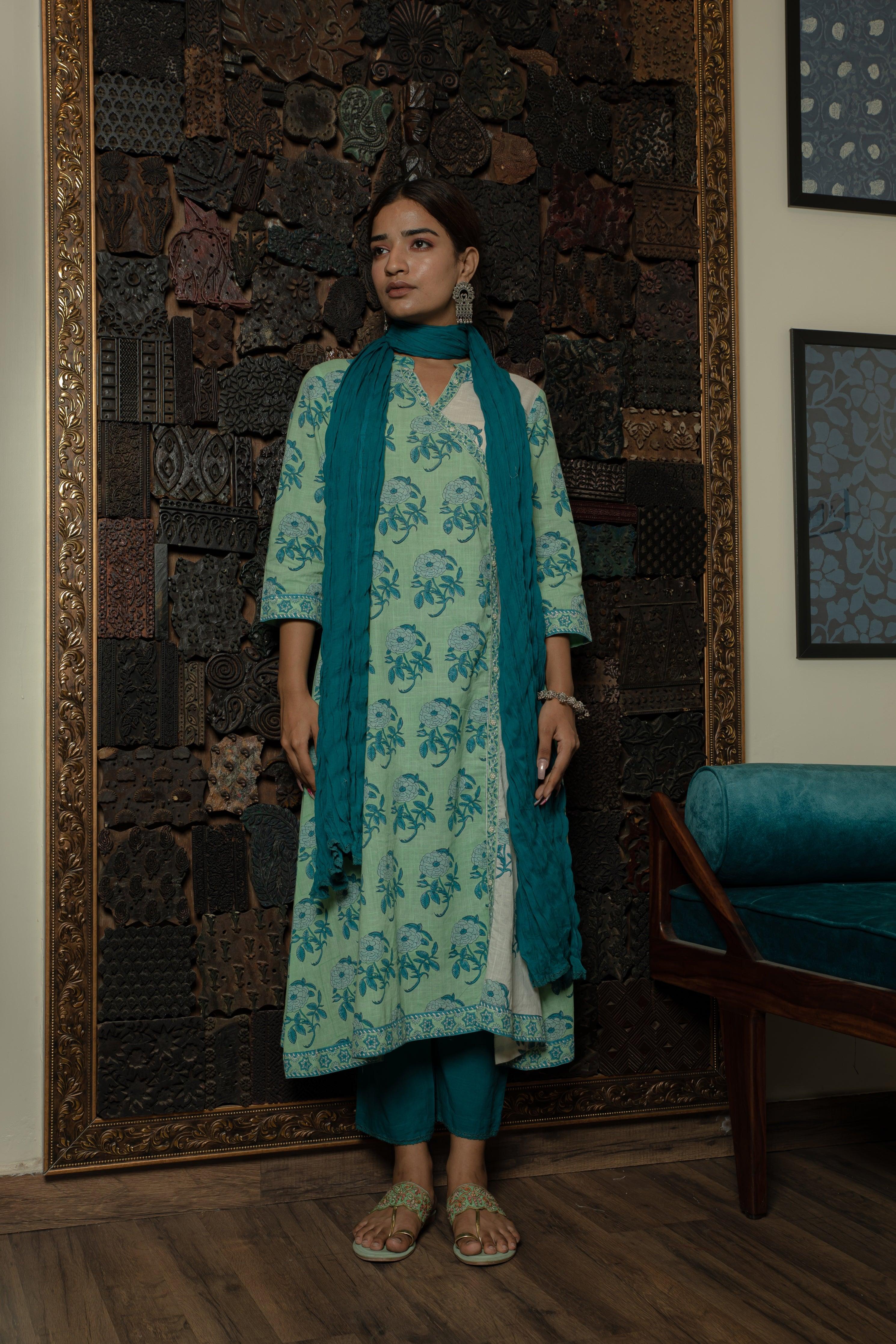 Amaira Sea Green Cotton Slub Suit Set - Shilpi Handicrafts