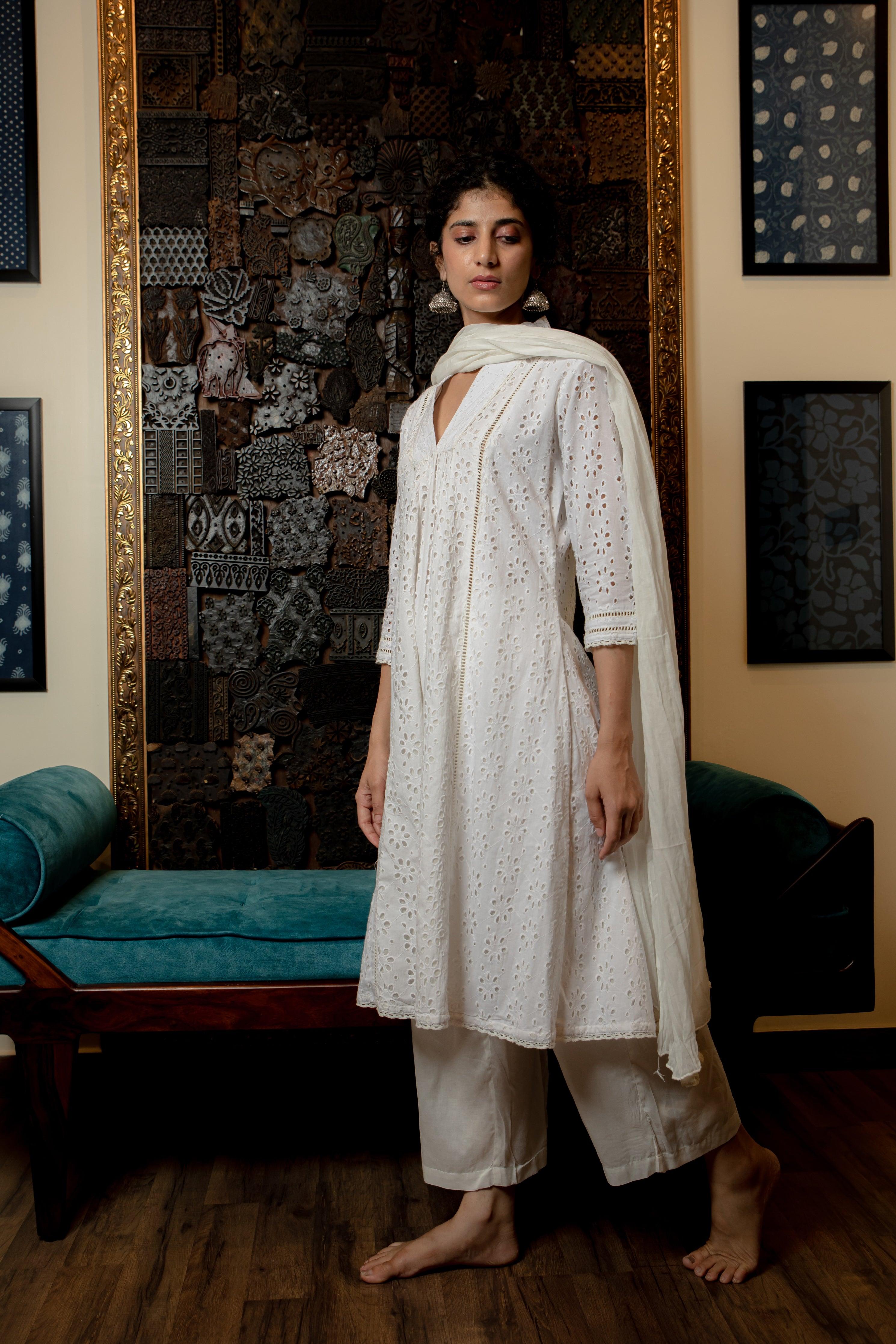 Akriti Off White Schiffli Cotton Suit Set - Shilpi Handicrafts