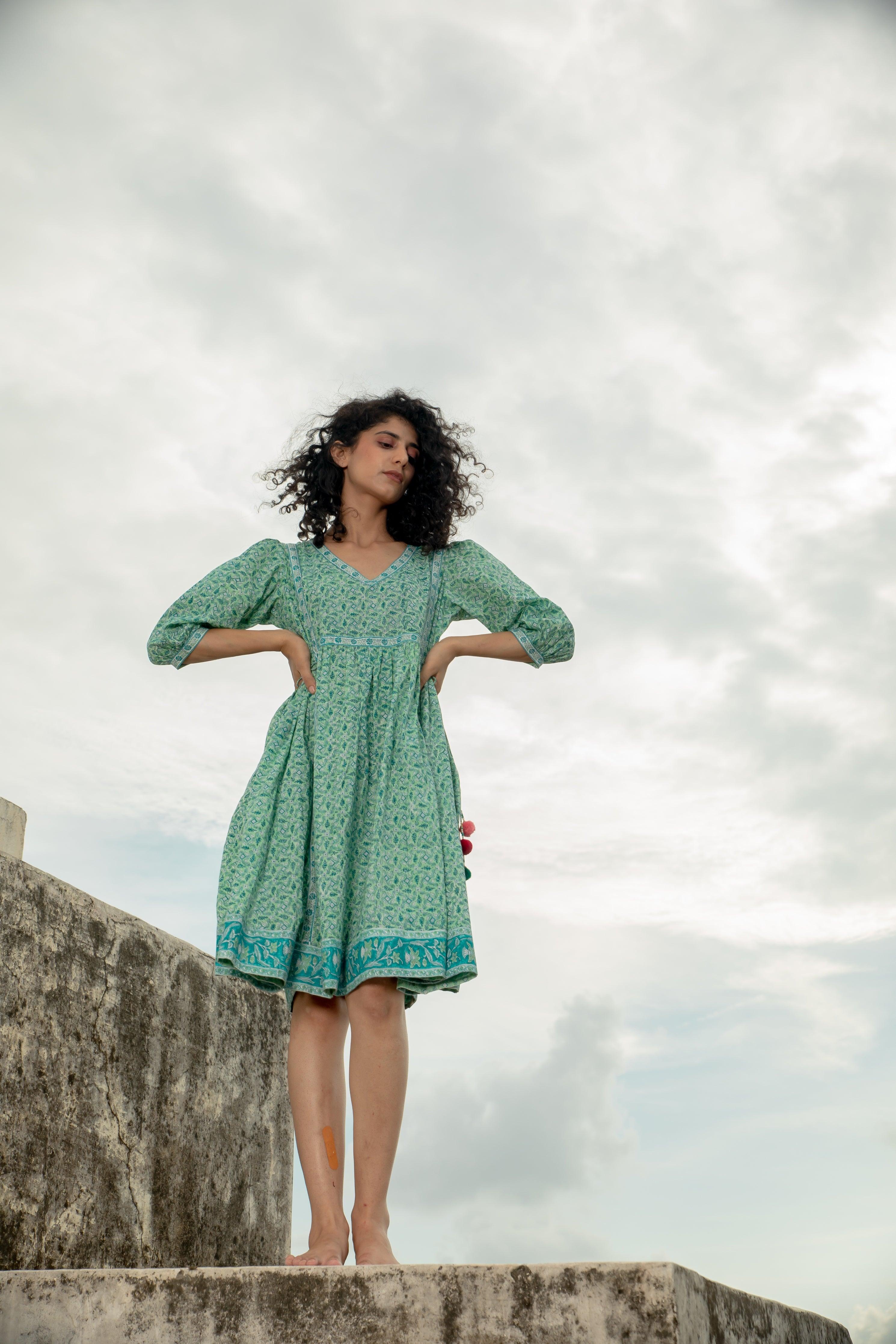 Adhira Sea Green Cotton Slub Midi Dress - Shilpi Handicrafts