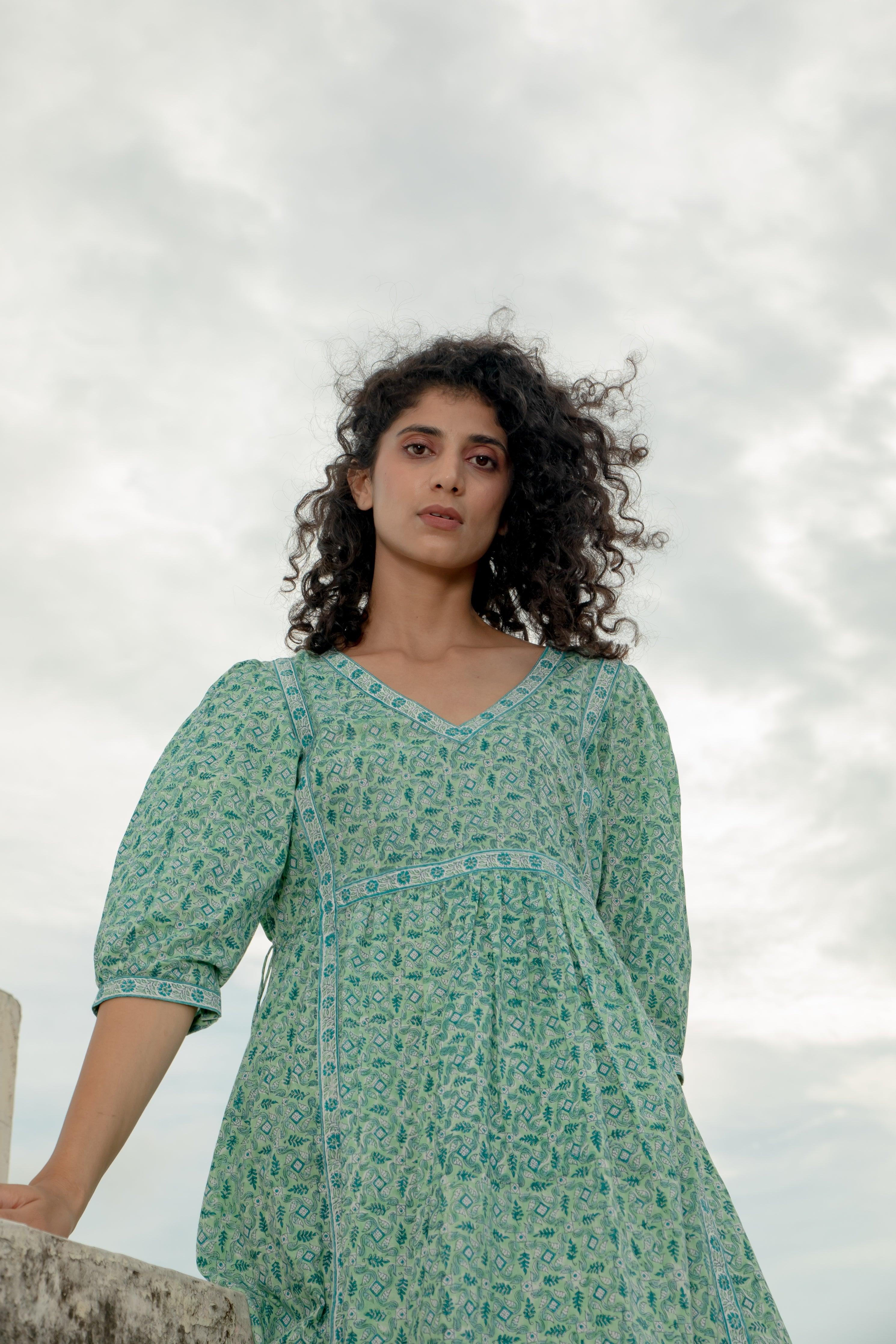 Adhira Sea Green Cotton Slub Midi Dress Shilpi Handicrafts Adhira Sea Green Cotton Slub Midi Dress Shilpi Handicrafts