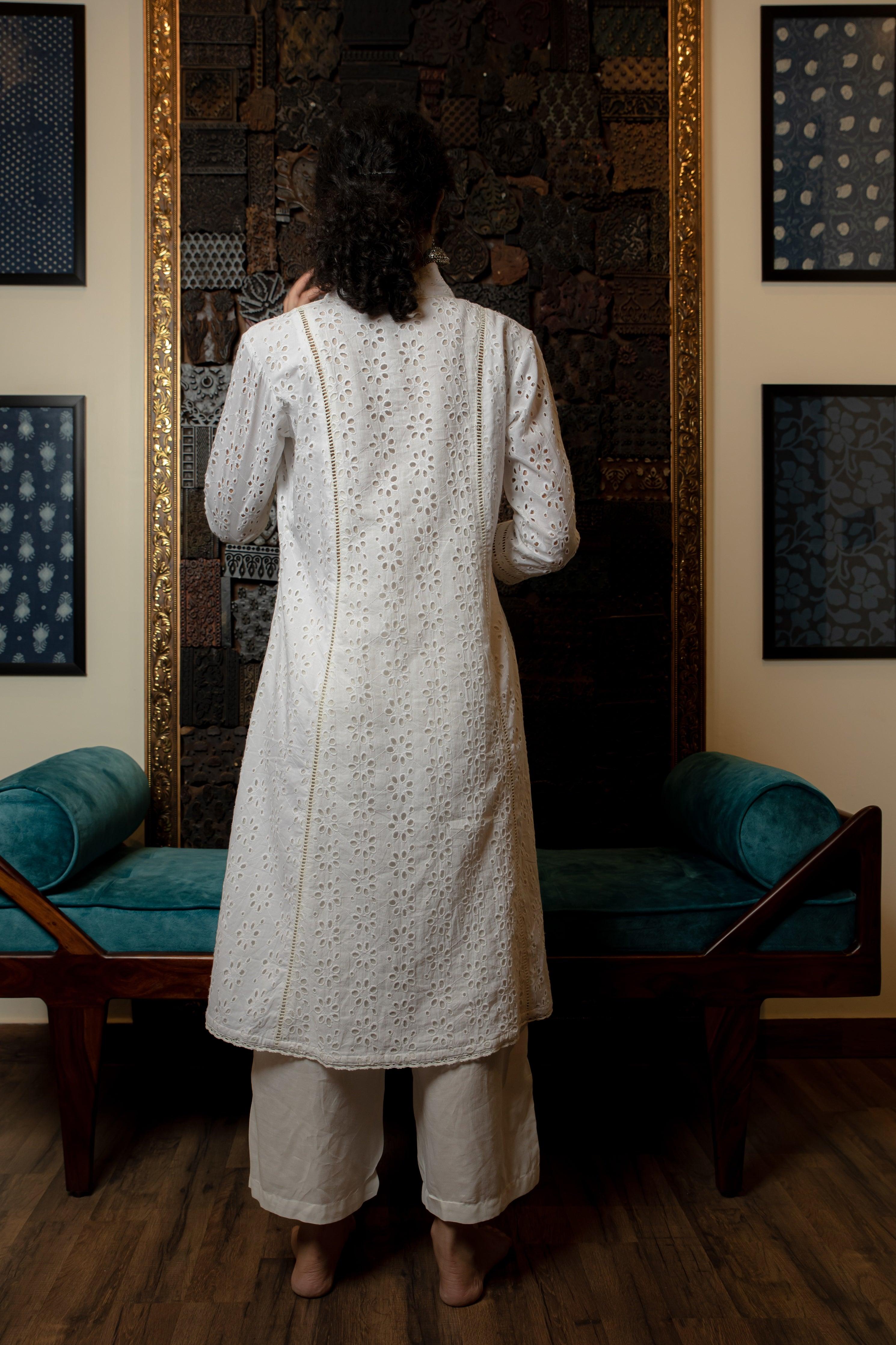 Akriti Off White Schiffli Cotton Suit Set - Shilpi Handicrafts