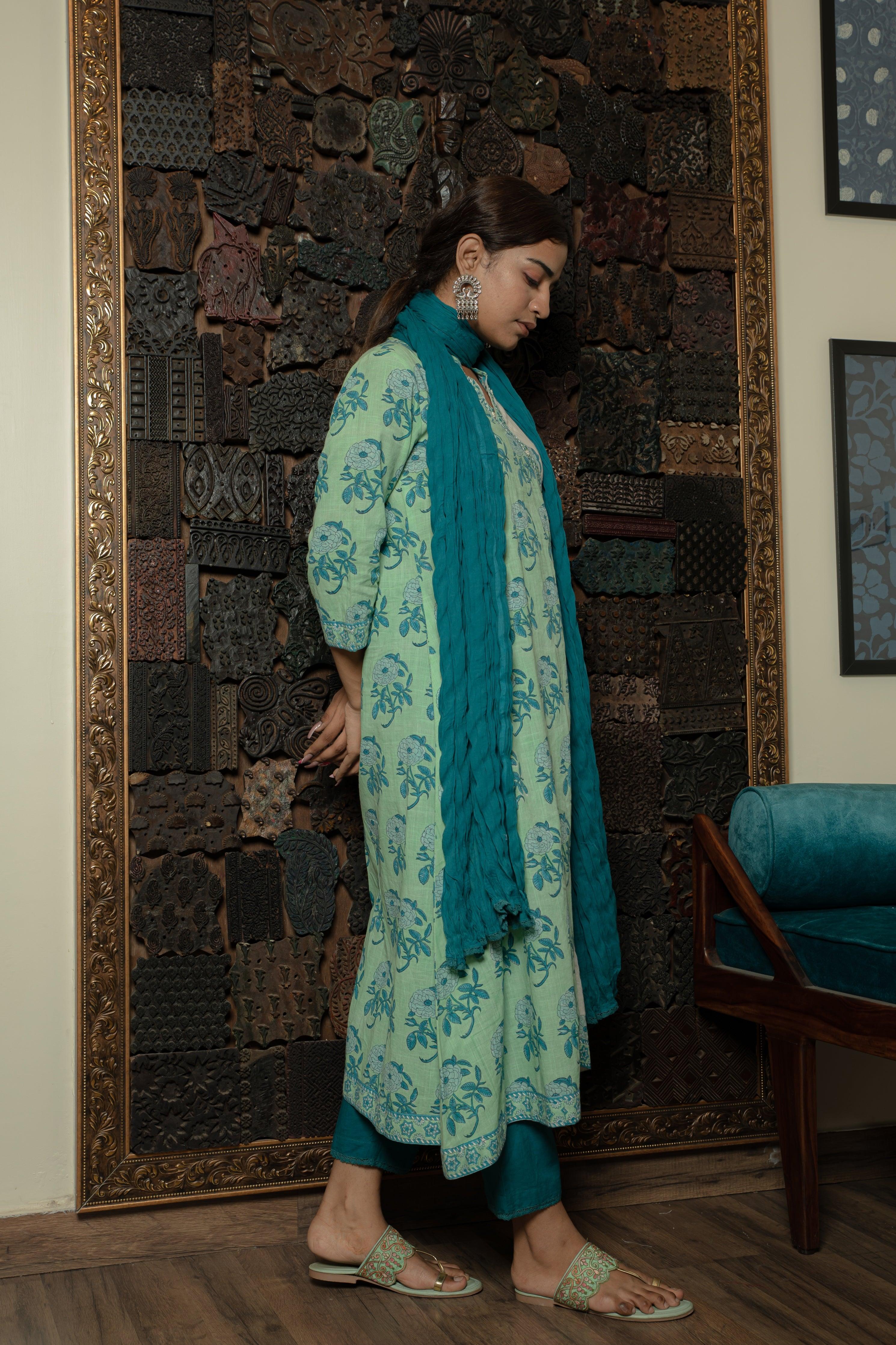 Amaira Sea Green Cotton Slub Suit Set - Shilpi Handicrafts