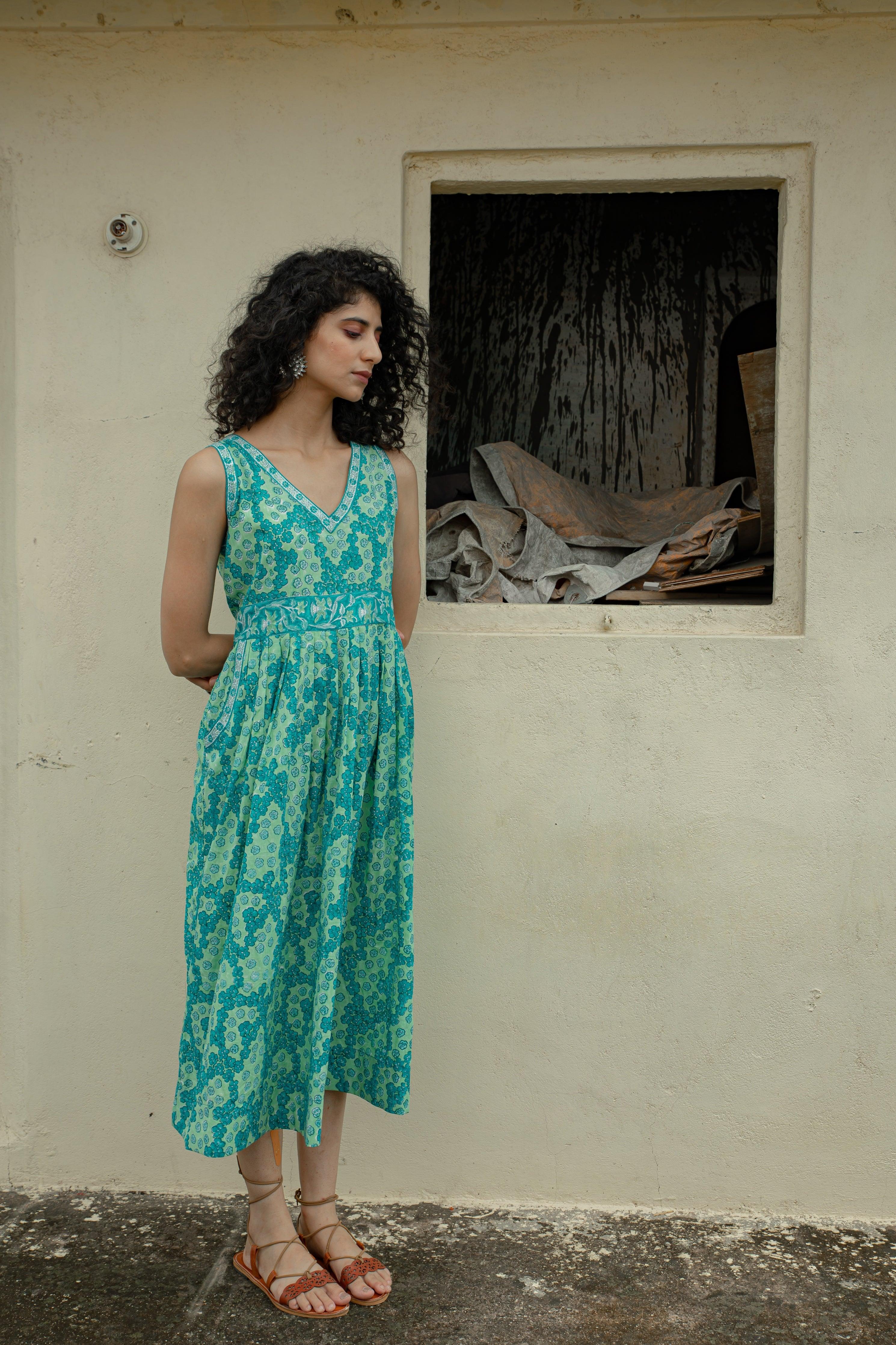 Adhira Teal Blue & Sea Green Cotton Slub Midi Dress - Shilpi Handicrafts