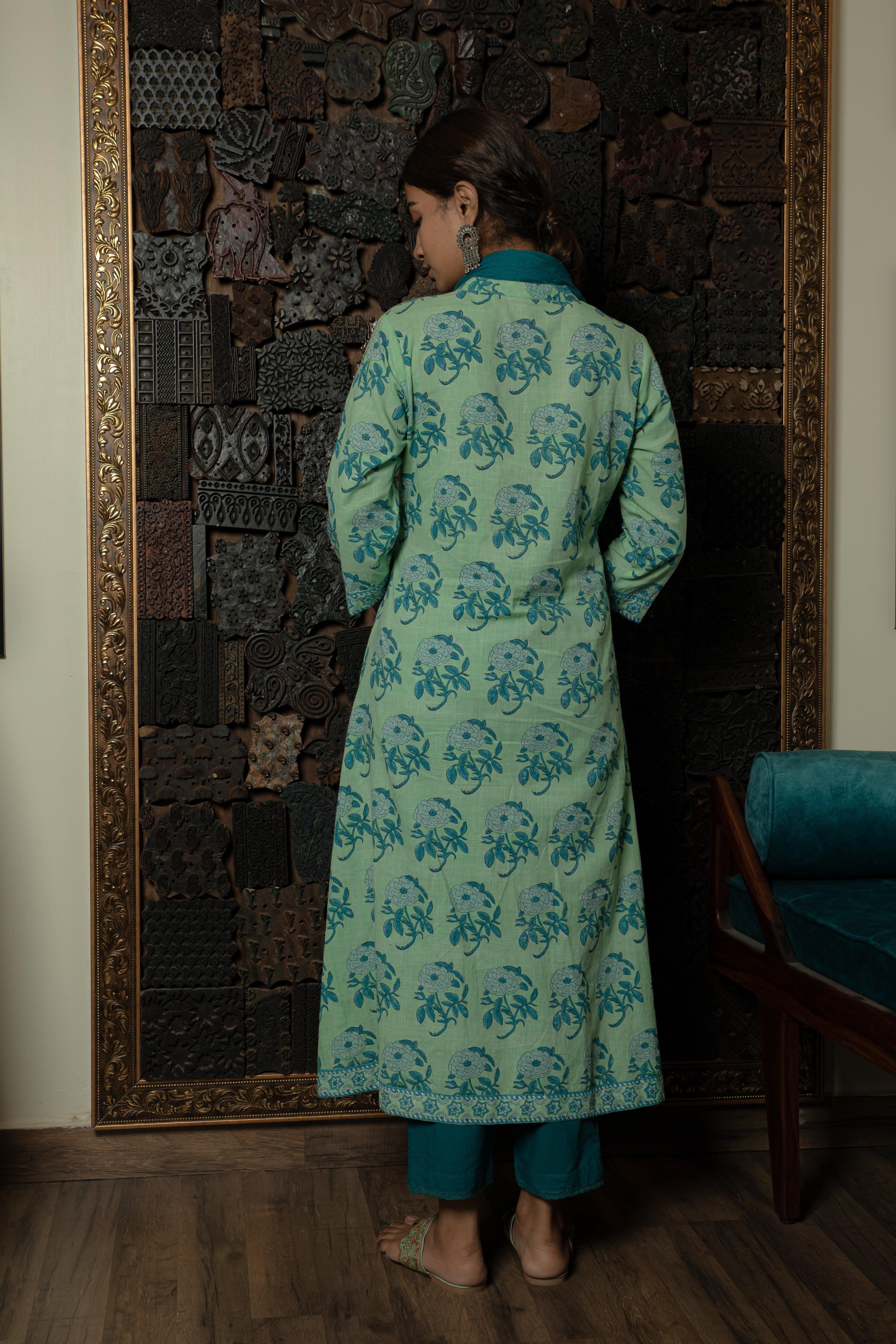 Amaira Sea Green Cotton Slub Suit Set - Shilpi Handicrafts