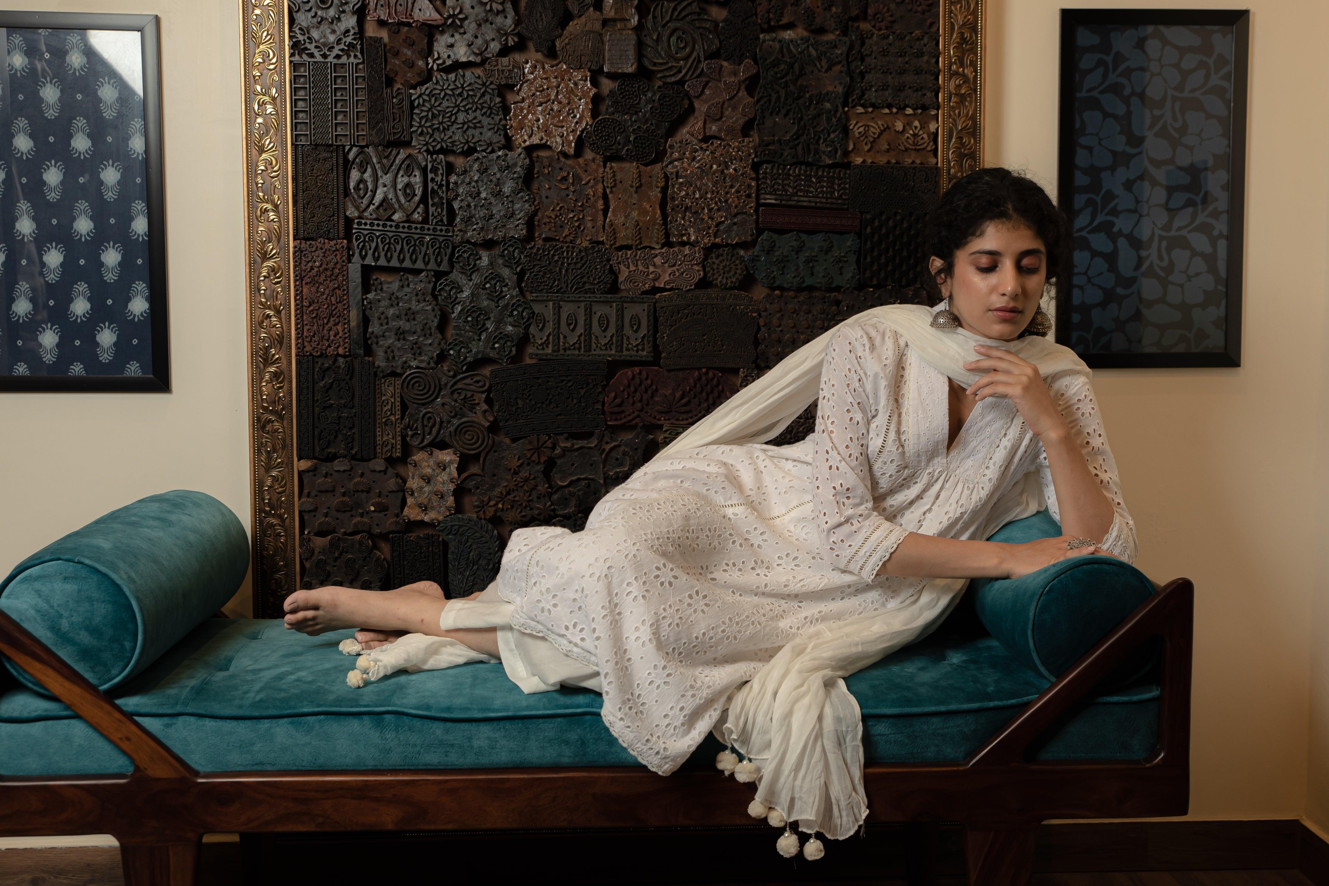 Akriti Off White Schiffli Cotton Suit Set - Shilpi Handicrafts