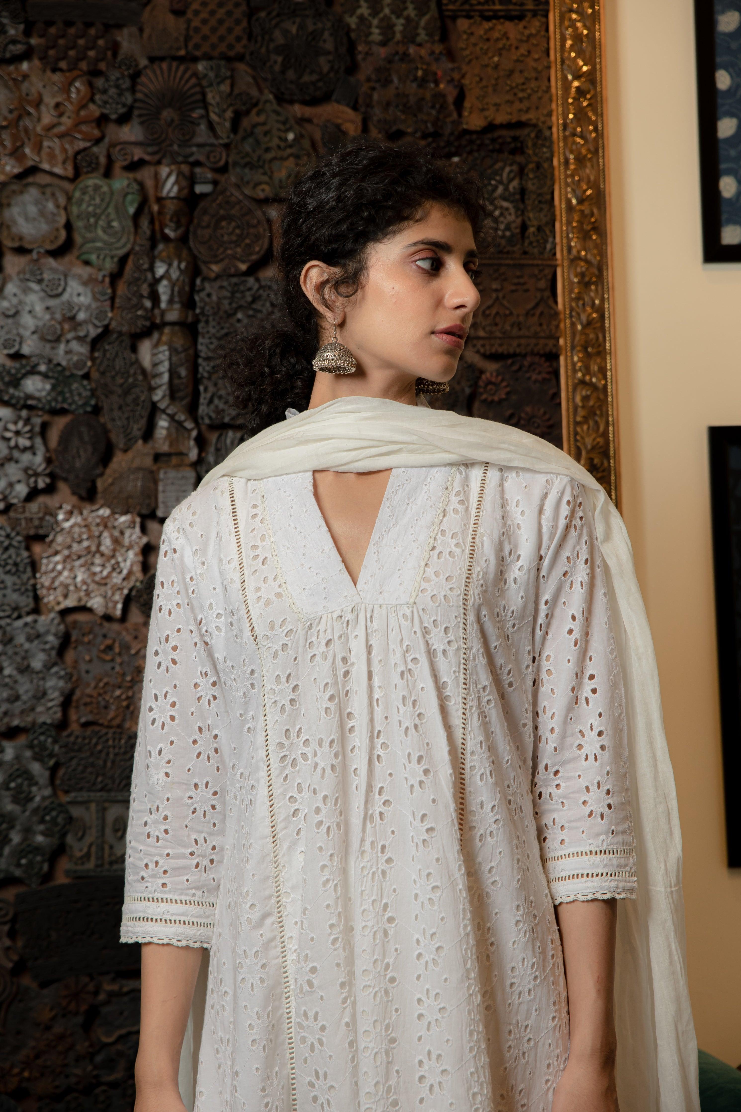 Akriti Off White Schiffli Cotton Suit Set - Shilpi Handicrafts