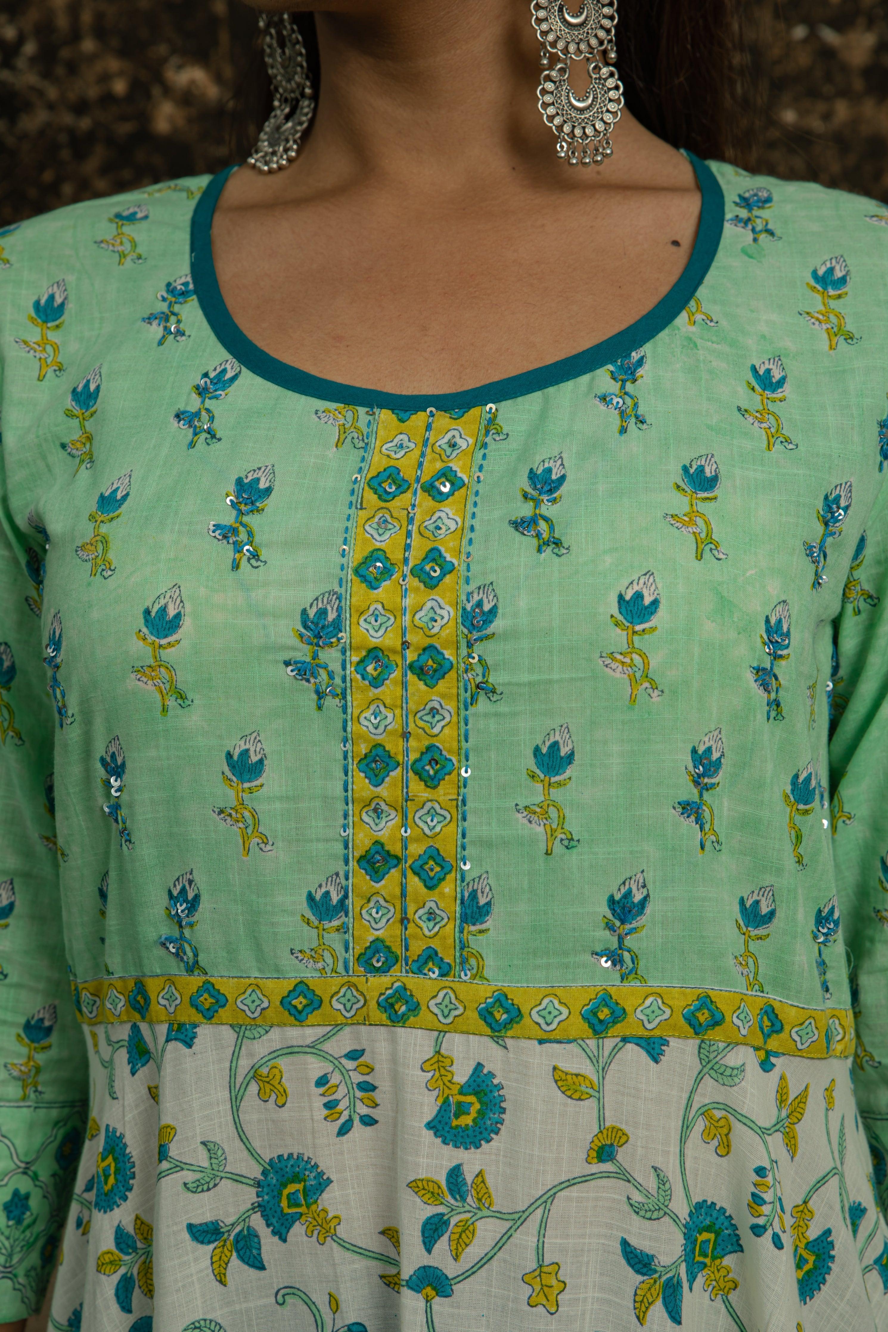 Amaira Sea Green & Off White Cotton Slub Suit Set - Shilpi Handicrafts