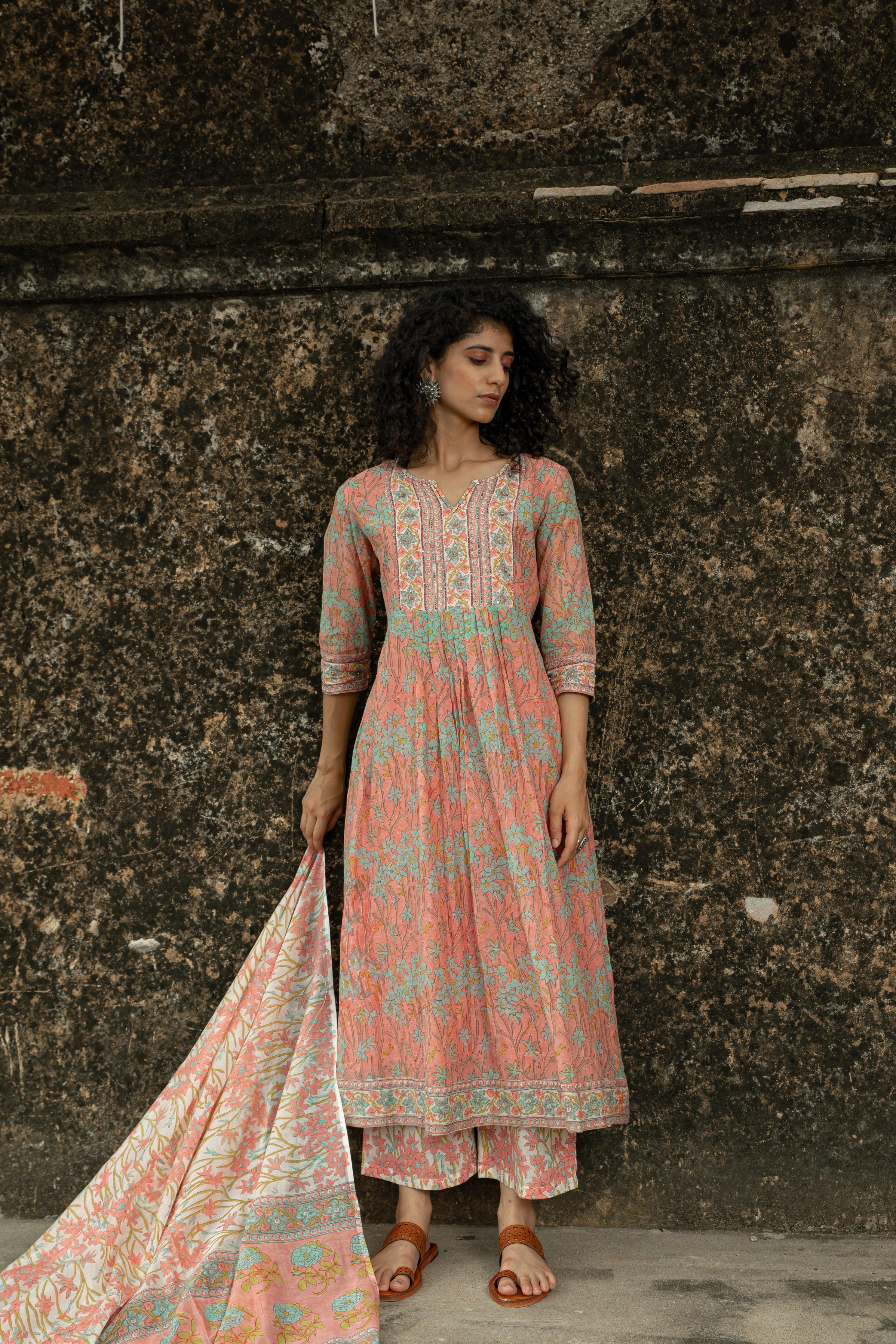 Aadhriti Peach Chanderi Suit Set - Shilpi Handicrafts