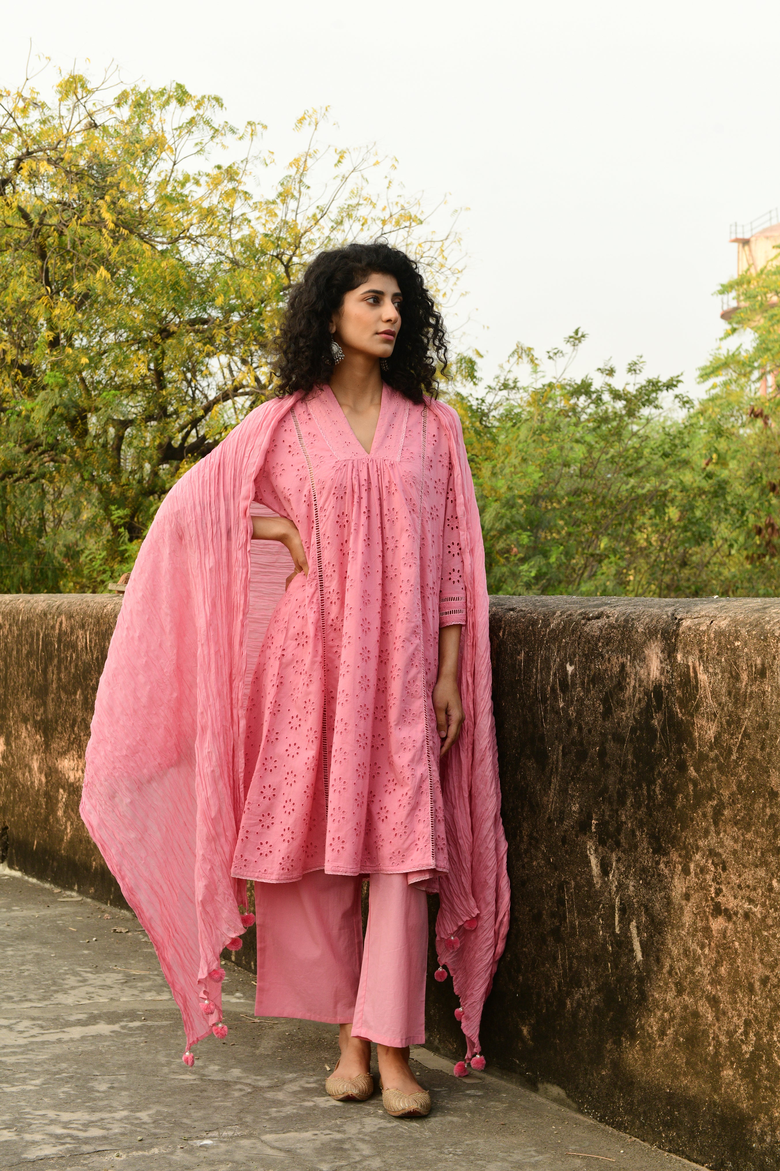 Aaravi Dyed Schiffli Pink Suit Set - Shilpi Handicrafts